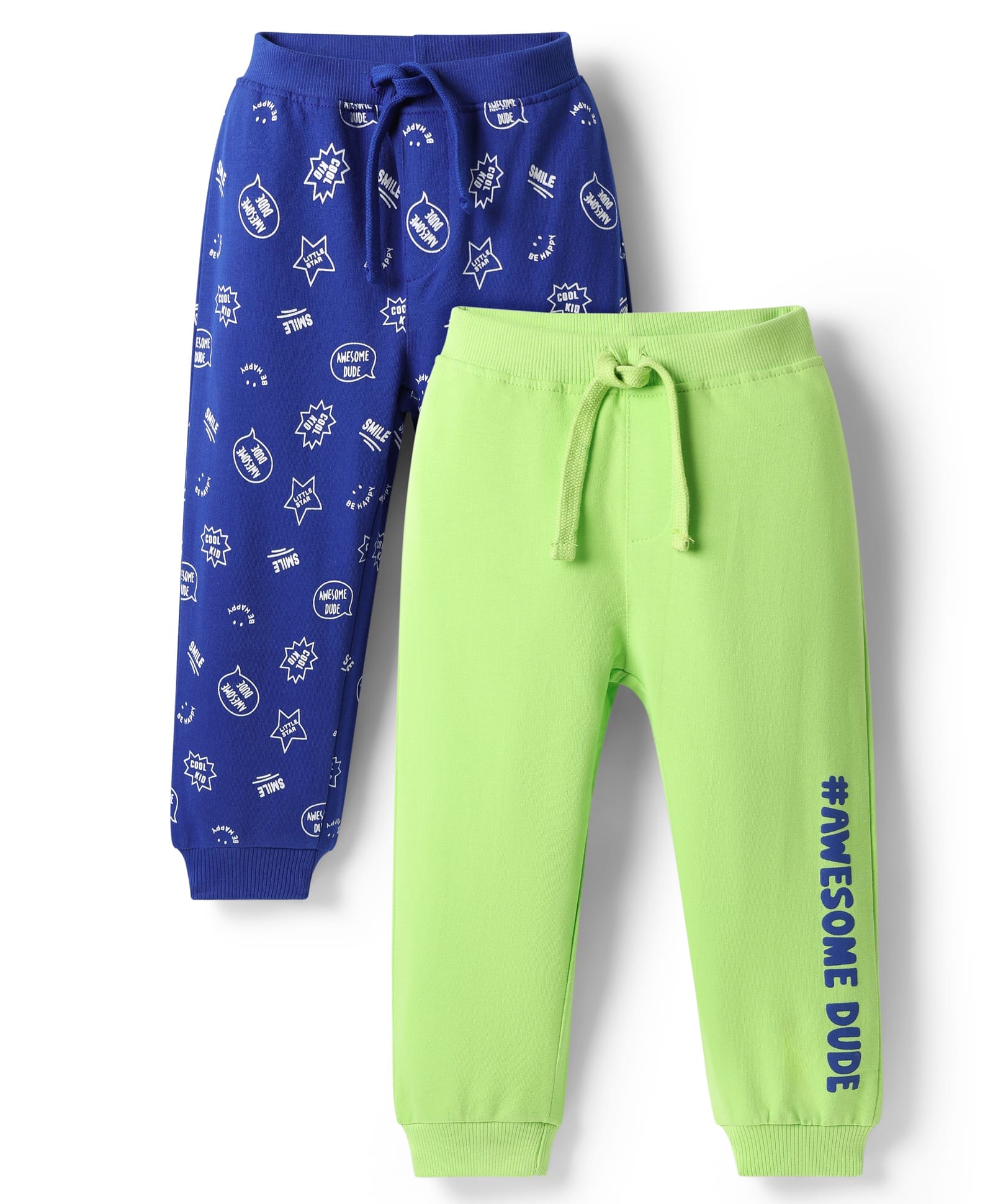 Babyhug Cotton Terry Knit Full Length Lounge Pants With Wholesome Dude Text Print Pack of 2 - Navy Blue & Light Green-picture-18