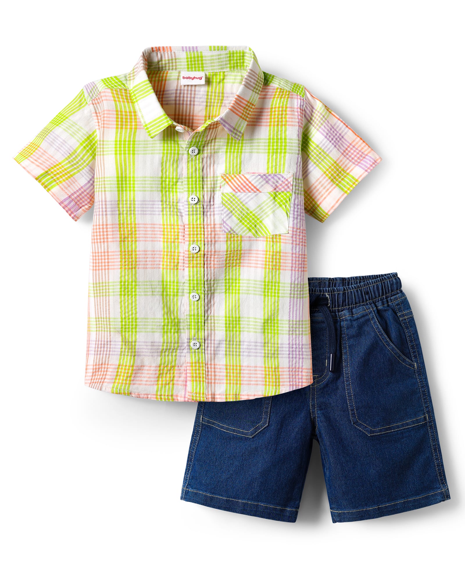 Babyhug Cotton Woven Half Sleeves Checks Shirt & Denim Shorts Set - Navy Blue-image-35