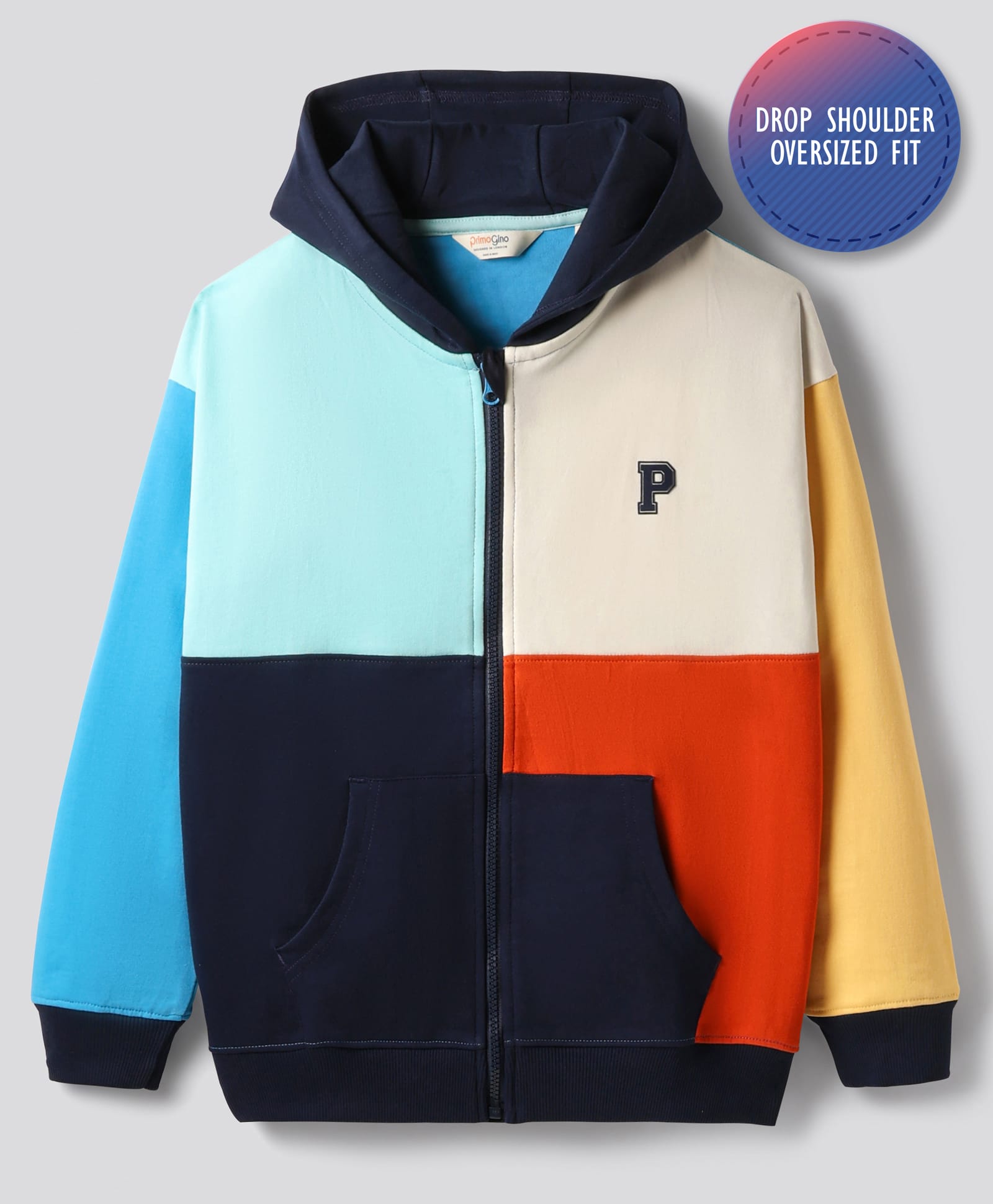 Primo Gino 100% Cotton French Terry Knit Drop Shoulder Full Sleeves Colour Block Hooded Sweatjacket With Alphabet Patch & Kangaroo Pockets - Multicolor-picture-20