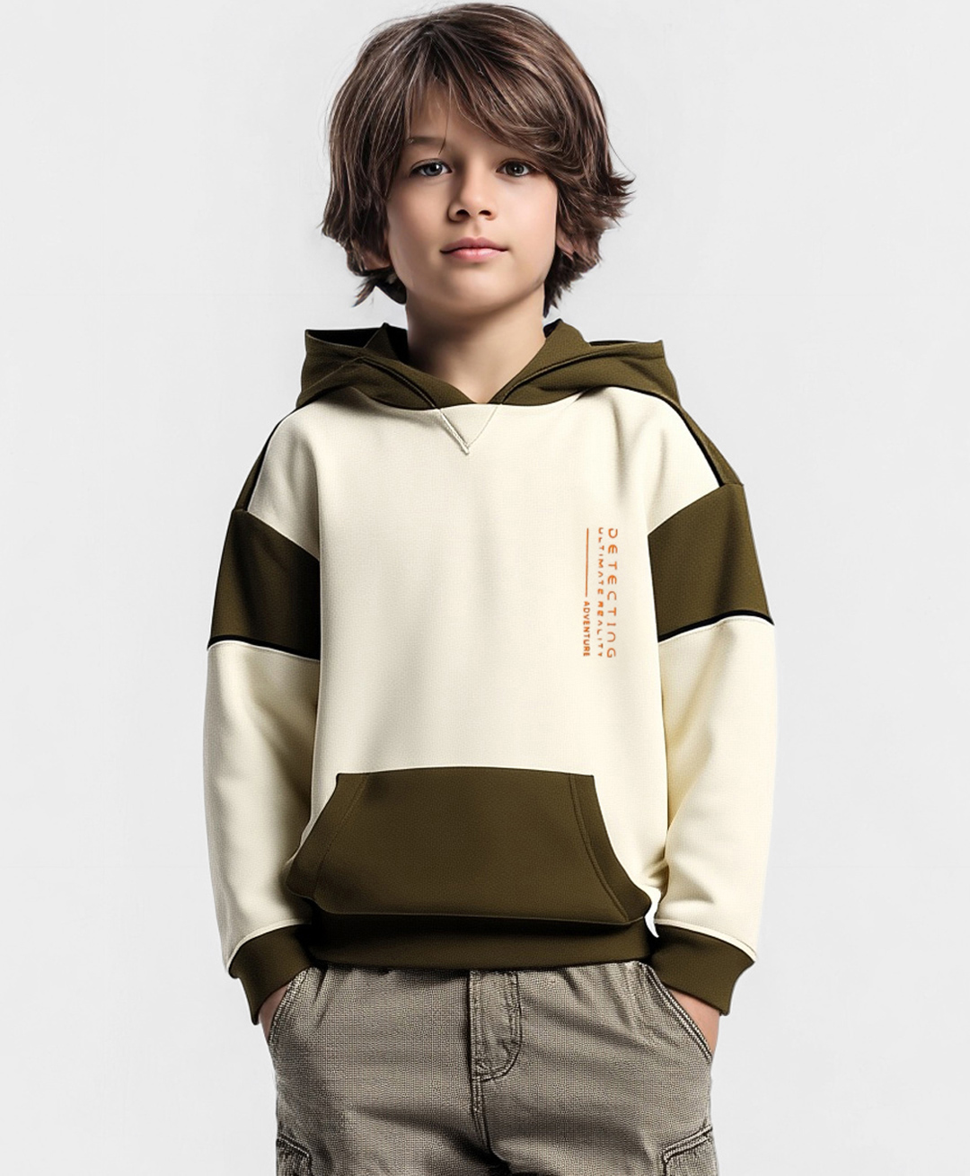 Primo Gino 100% Cotton French Terry Knit Drop Shoulder Full Sleeves Colour Block Hooded Sweatshirt With Text Print & Kangaroo Pockets - Multicolor-picture-24
