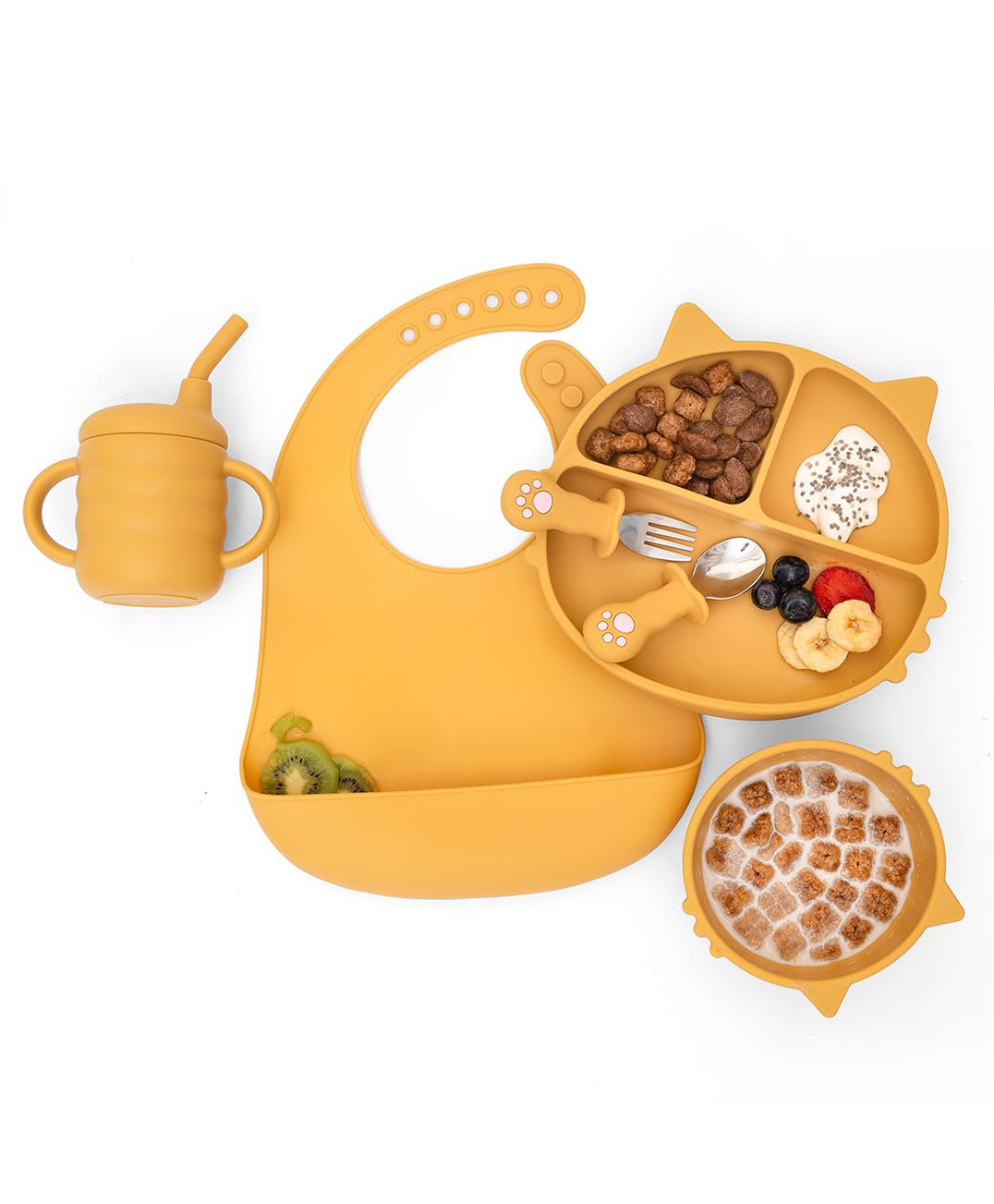 Kids Station 6-Piece Toddler Feeding Essentials - Soft Silicone Dinner Set with Bib, Cat Design Plate, Bowl, Sipper, Spoon & Fork - Travel-Friendly & Durable - Non-Toxic & Reusable - Yellow-image-4