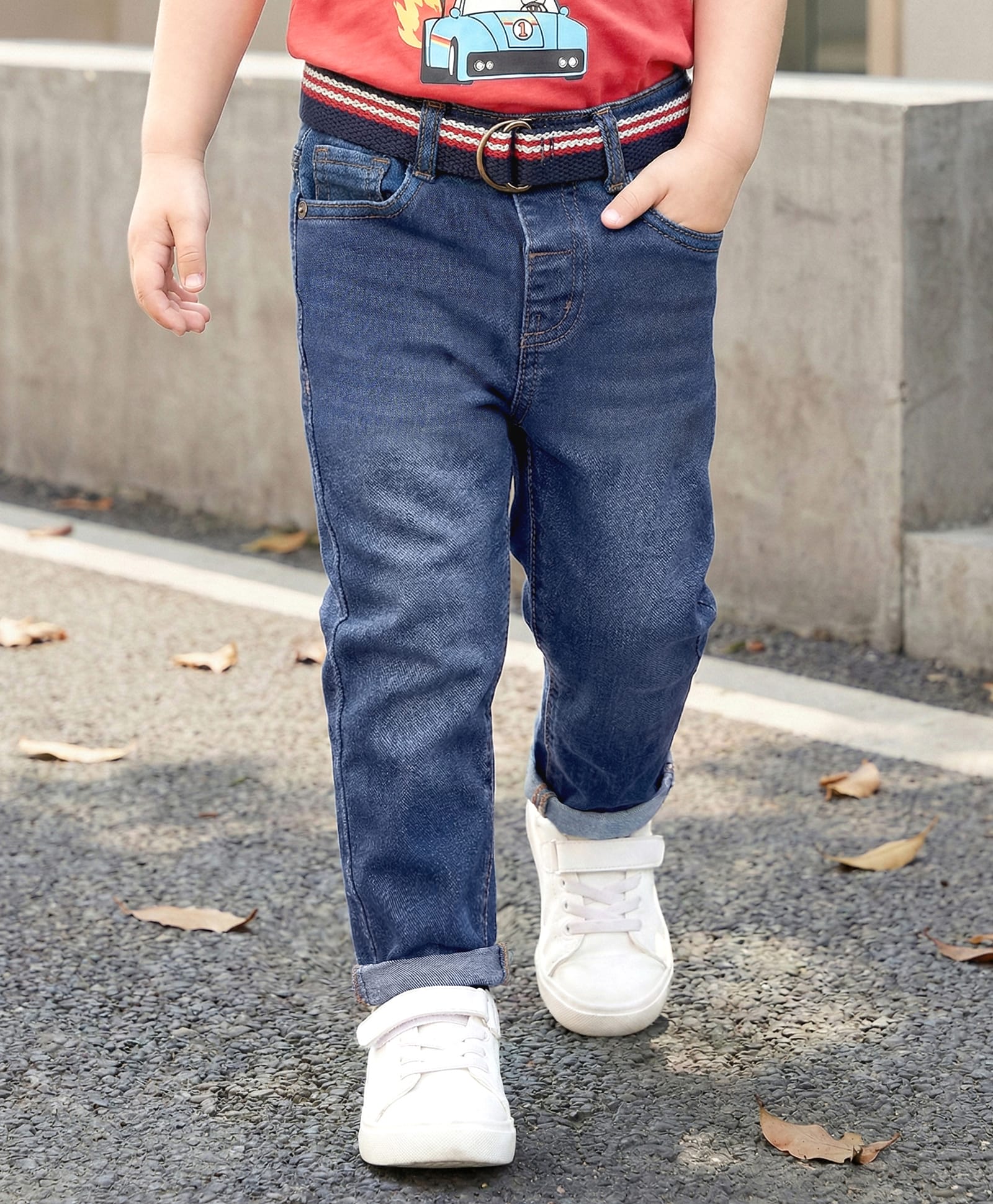 Babyhug Denim Full Length Washed Jeans With Stretch & Belt - Navy Blue-picture-18