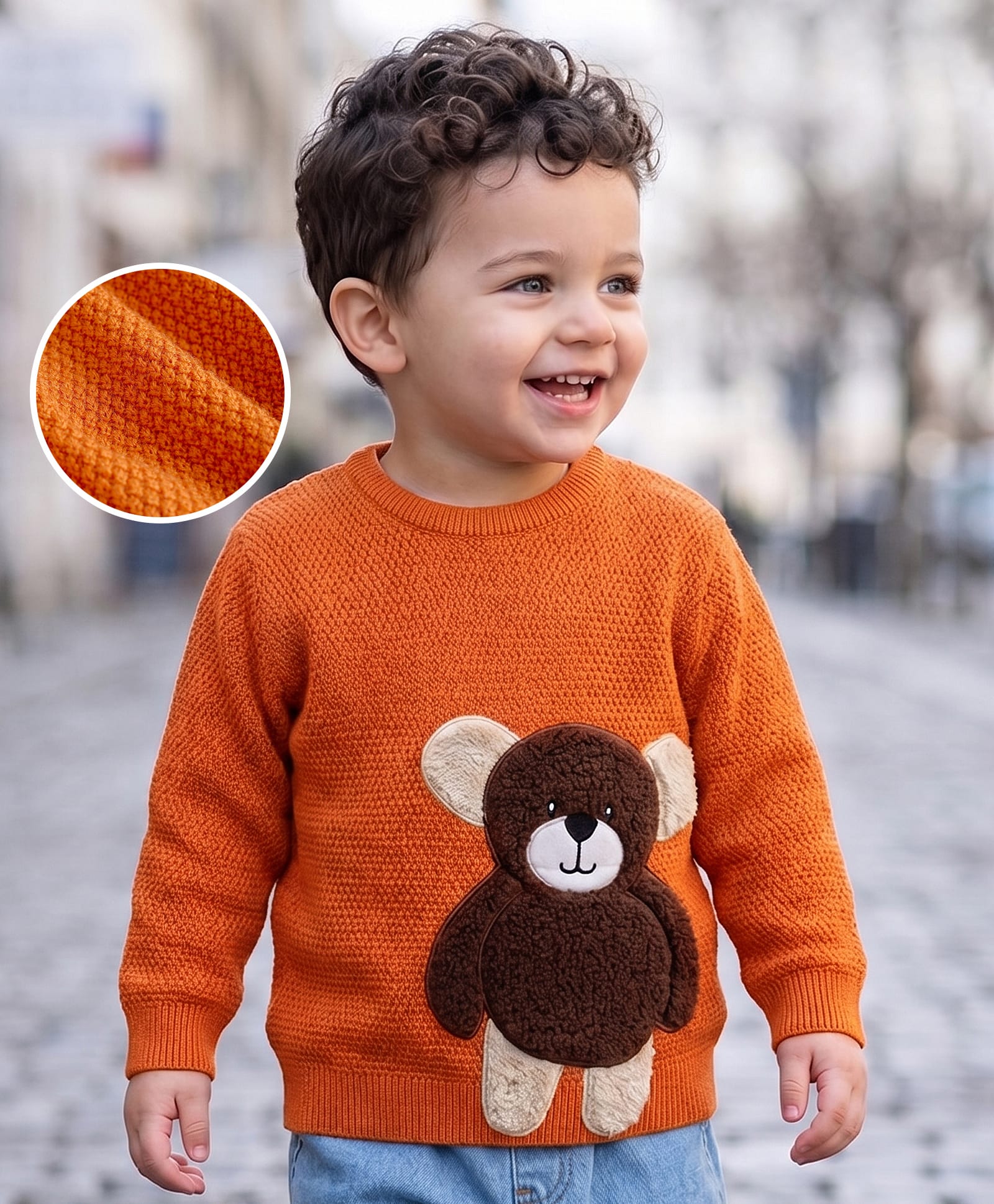 Babyoye Cotton Knit Full Sleeves Pullover with Bear Embroidery - Rust Orange-image-26