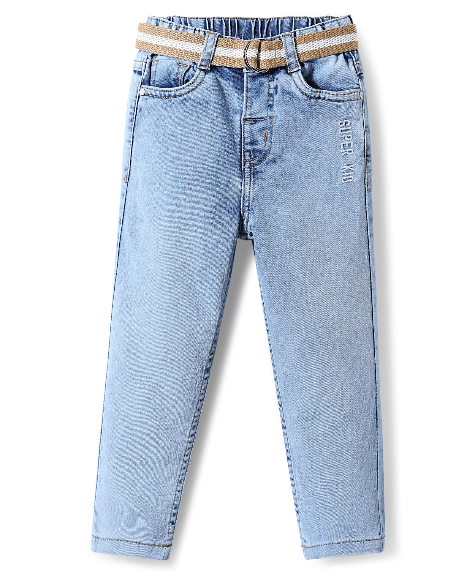 Babyhug Denim Full Length Washed Jeans With Stretch & Belt - Blue-picture-26