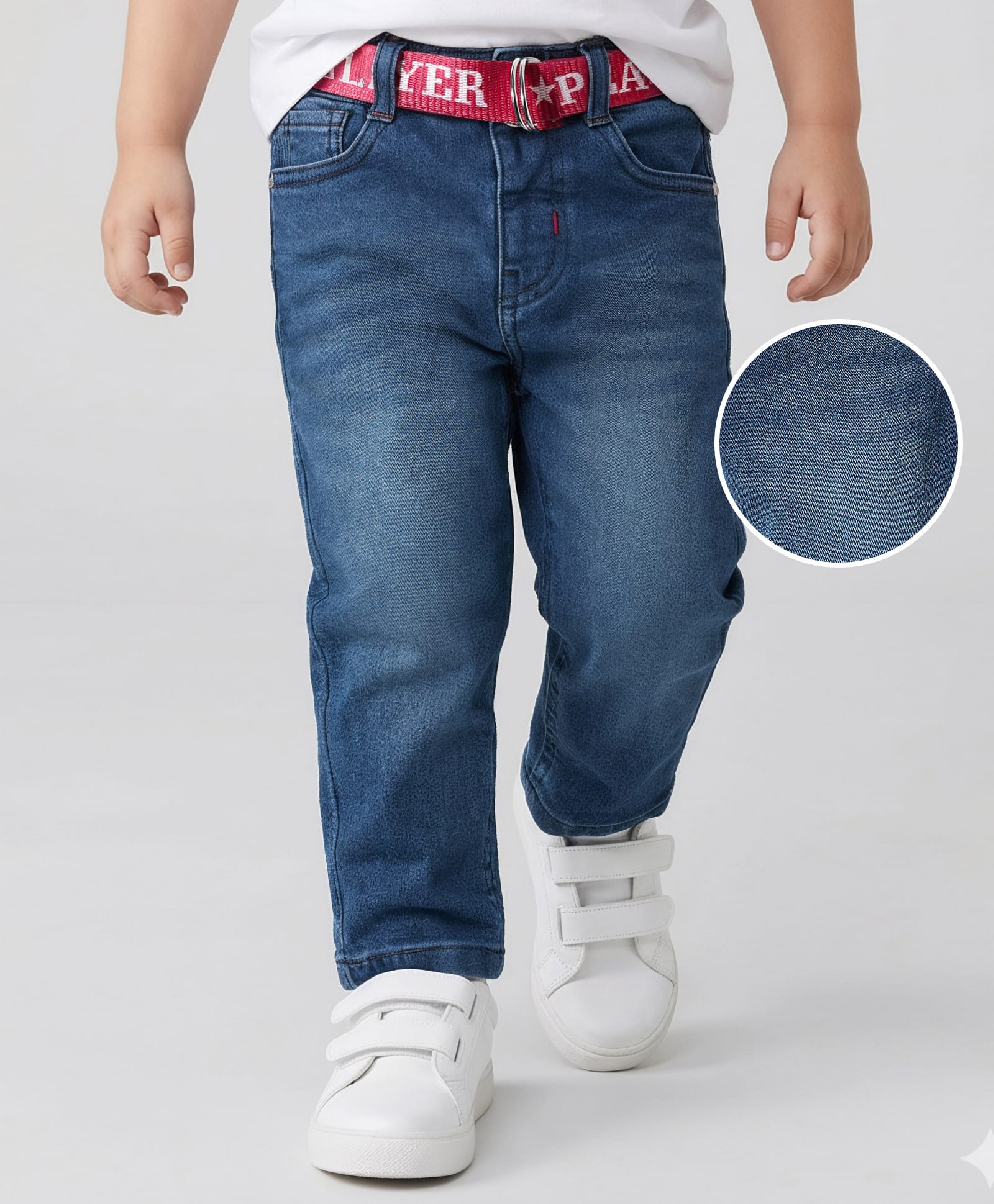 Babyhug Denim Full Length Washed Jeans With Stretch & Belt - Blue-picture-20