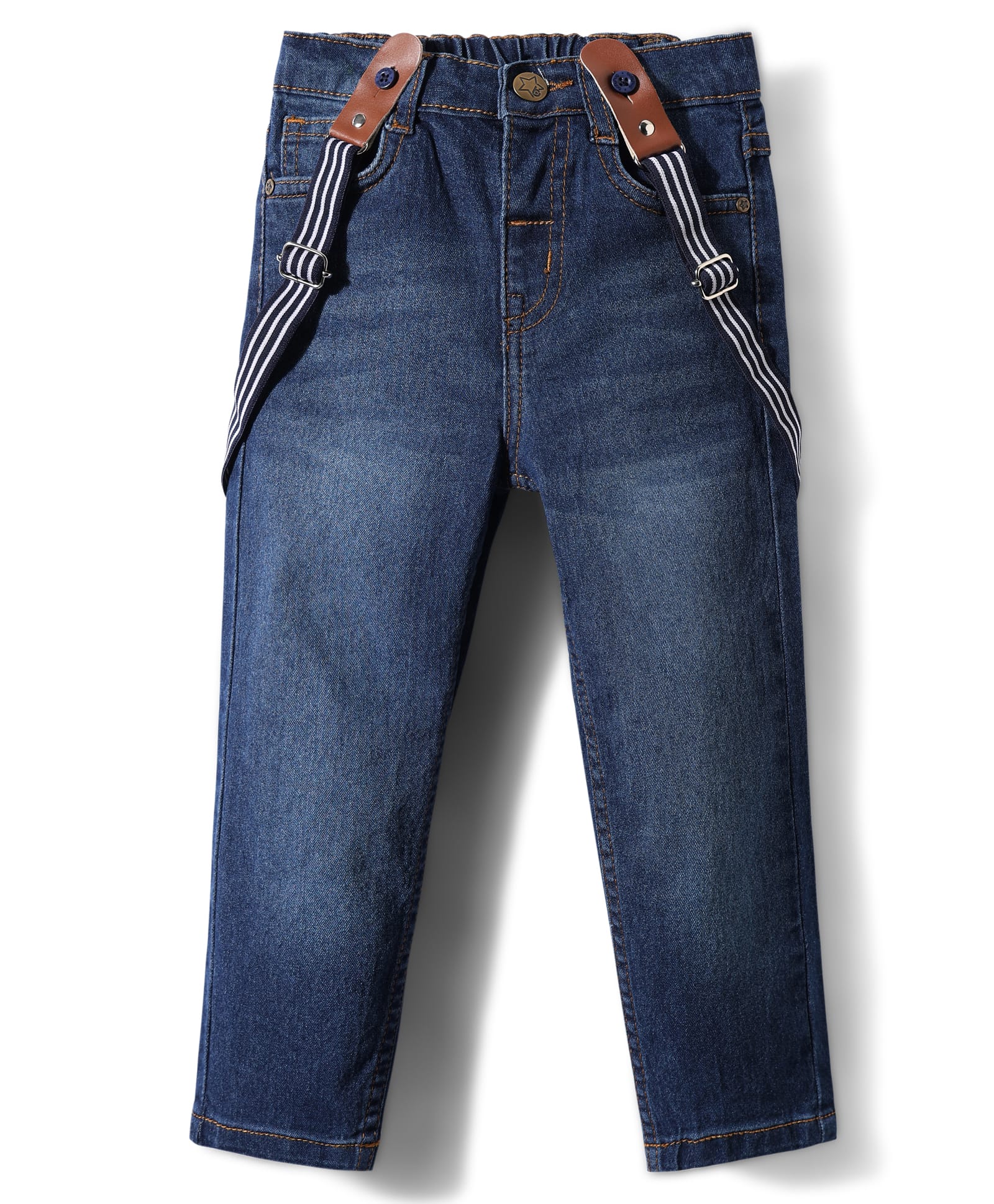 Babyhug Denim Full Length Washed Jeans With Stretch & Suspender - Navy Blue-picture-17
