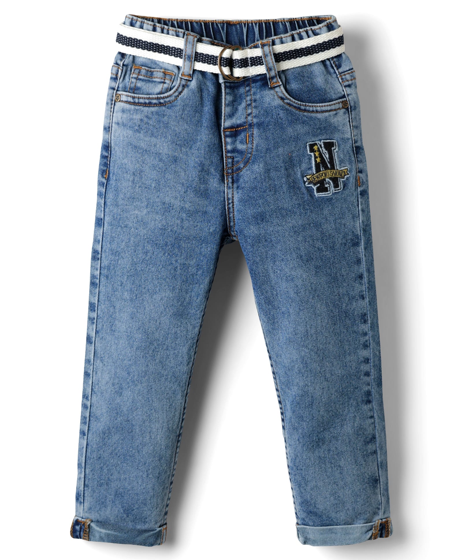 Babyhug Denim Full Length Washed Jeans With Stretch & Embriodery - Blue-picture-18