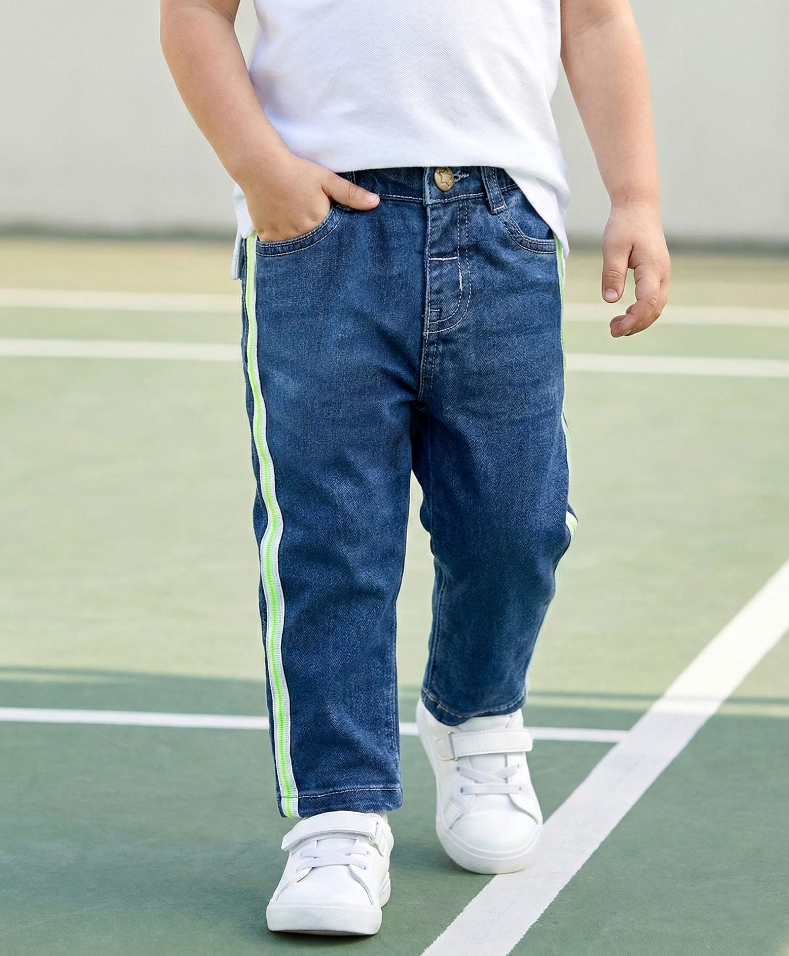 Babyhug Full Length Solid Denim Jeans With Stretch & Tape Design - Blue-picture-29