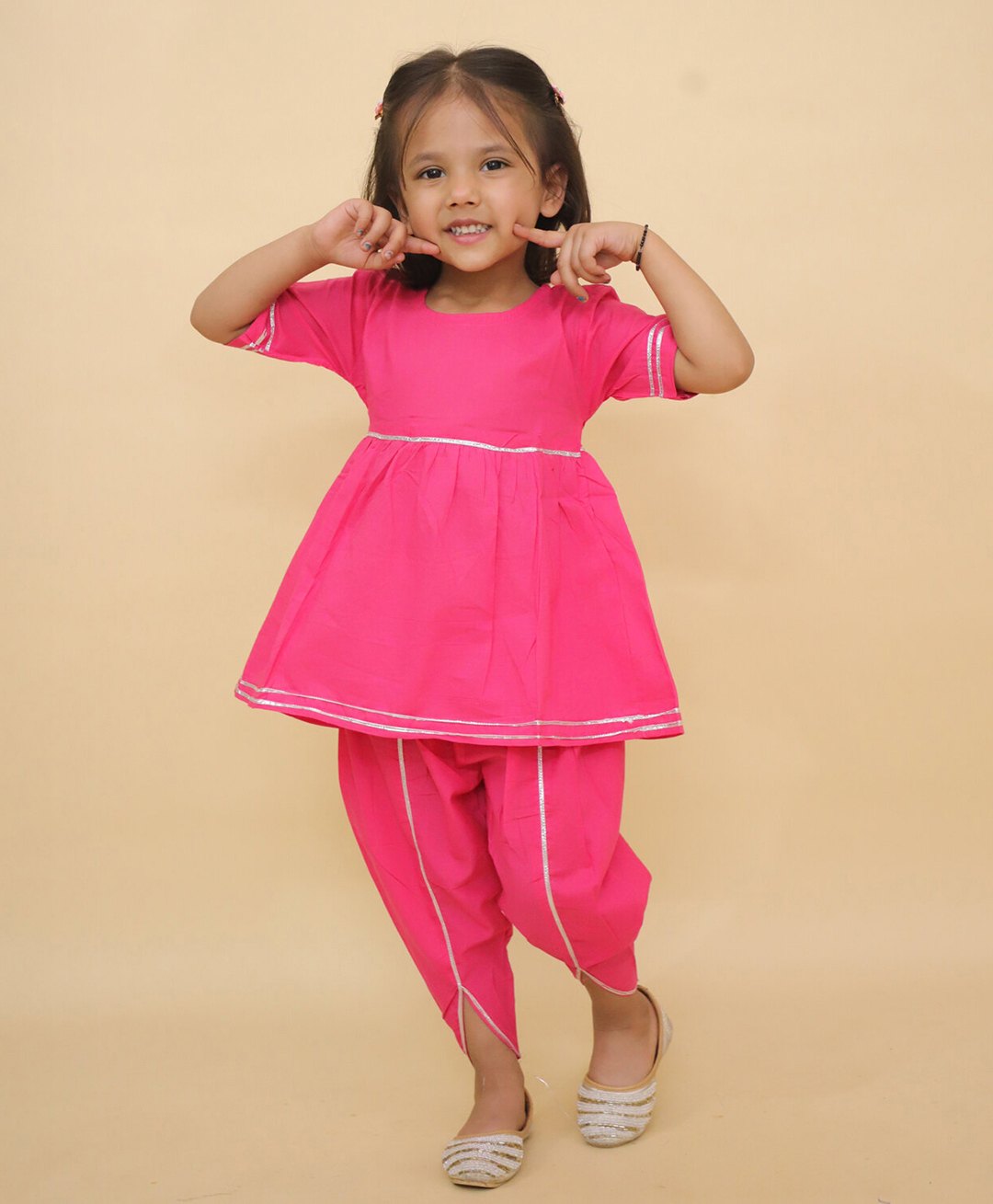 Little Ginnie Cotton Woven Half Sleeves Gota Lace Embellished Kurta Dhoti Set - Pink-image-22