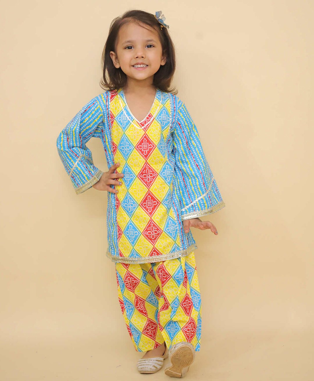 Little Ginnie Cotton Woven Full Bell Sleeves Bandhani Printed & Gota Lace Embellished Kurta & Salwar Set - Blue-picture-34