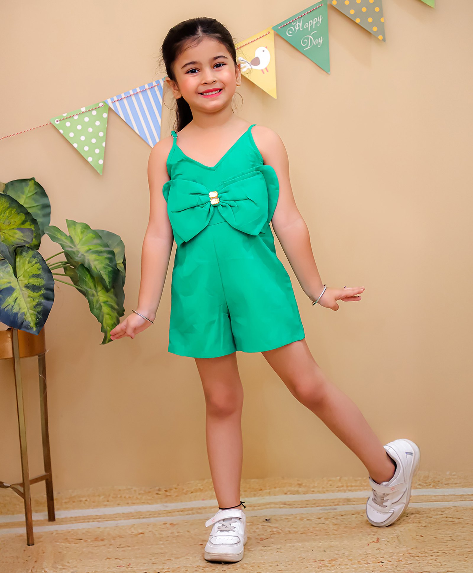 Little Ginnie Cotton Woven Sleeveless Bow Applique Detailed Smocked Jumpsuit - Green-image-28