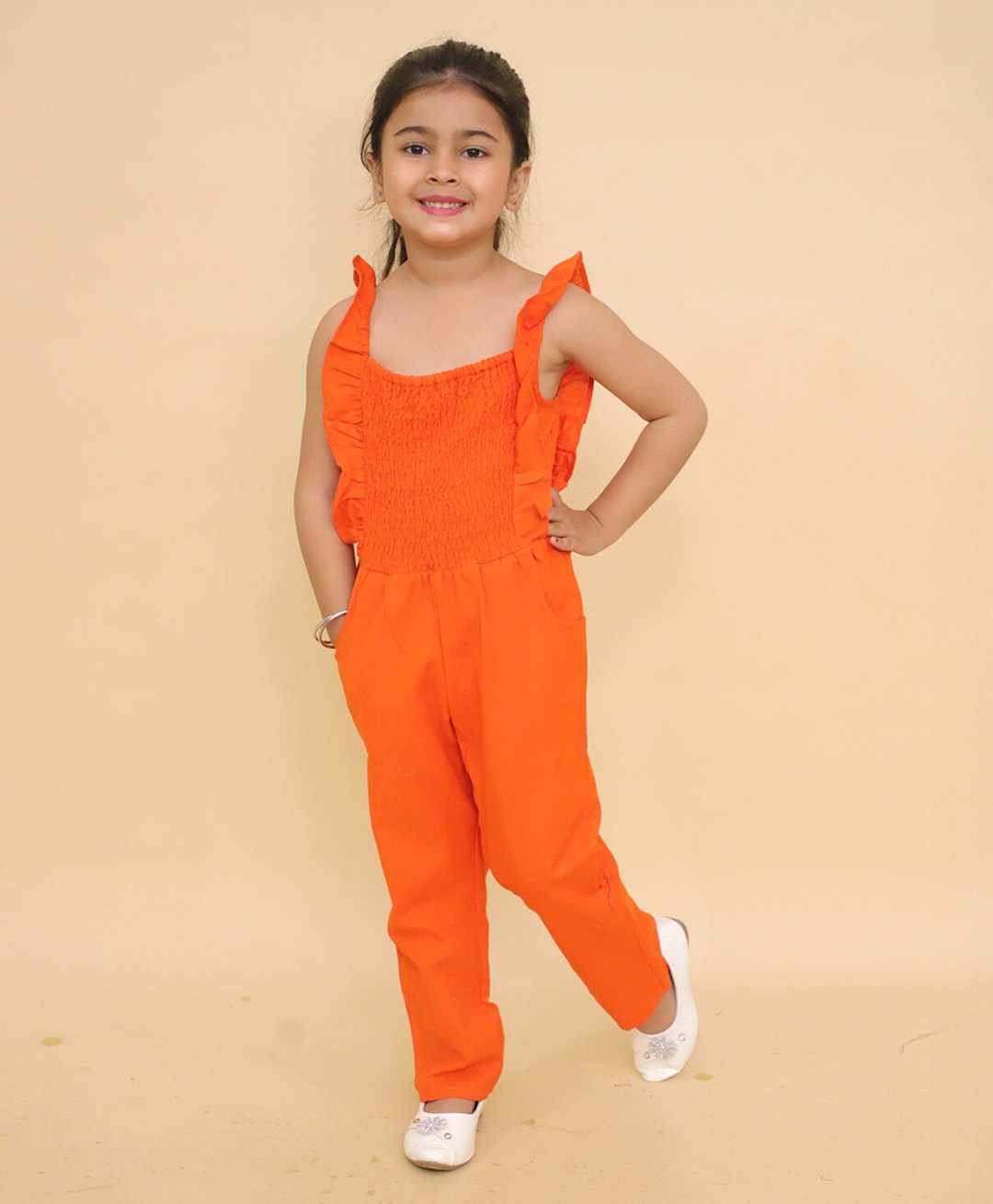 Little Ginnie Cotton Woven Sleeveless Frill Detailed Smocked Jumpsuit - Orange-picture-11