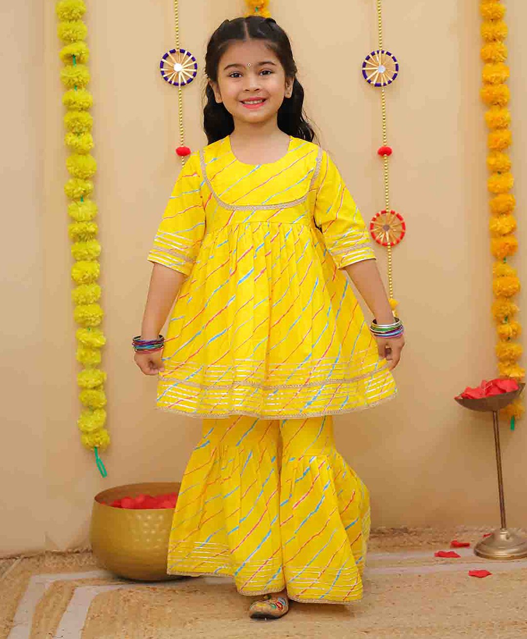 Little Ginnie Cotton Woven Three Fourth Sleeves Leheriya Printed Gota Lace Embellished Coordinating Kurta & Sharara Set - Yellow-image-22