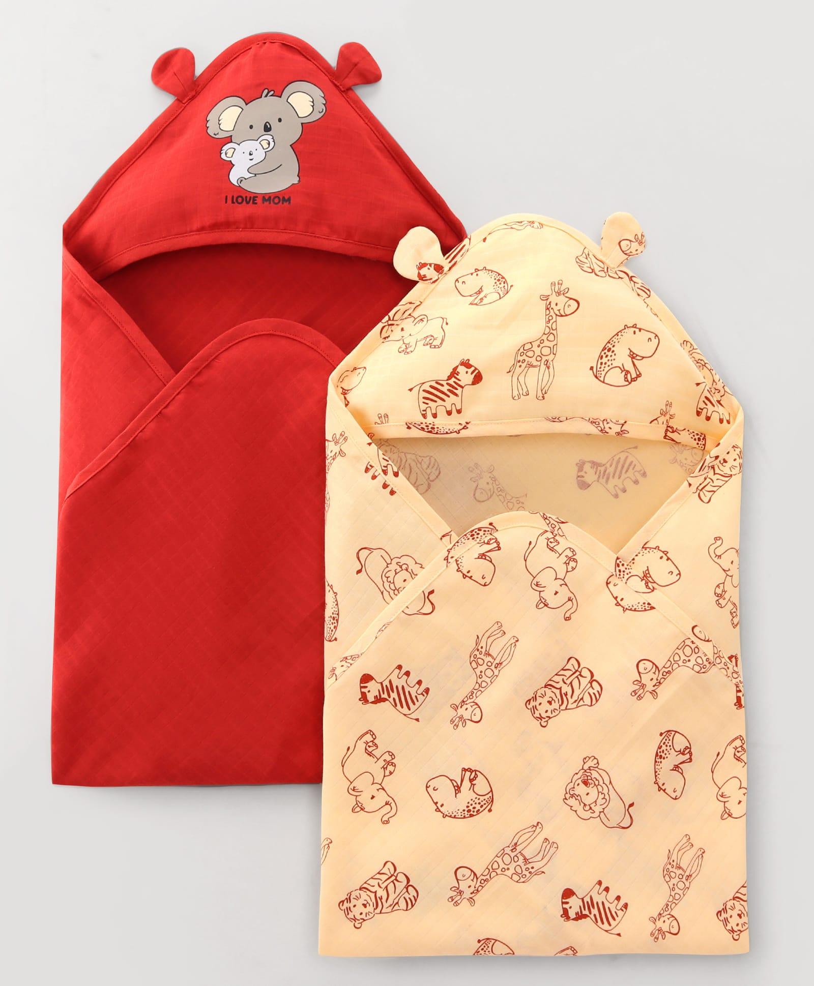 Babyoye Cotton Knit Hooded Wrapper With Animal Print pack Of 2 L 80 x B 83 cm - Red & Light Yellow-image-42