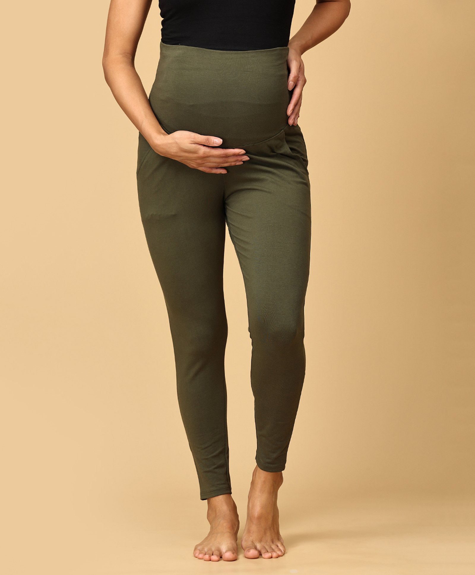The Mom Store Cotton Spandex Knit Solid Comfy Maternity Leggings - Olive Green-picture-12