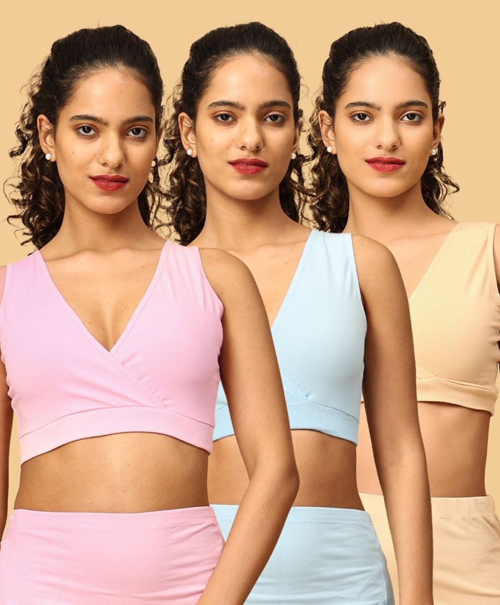 The Mom Store Cotton Knit Pack Of 3 Solid Maternity Nursing Sleep Bras - Beige Blue & Pink-picture-42