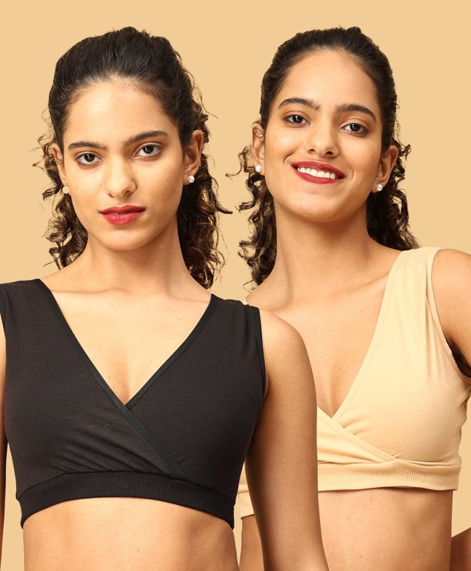 The Mom Store Cotton Knit Pack Of 2 Solid Maternity Nursing Sleep Bras - Black & Beige-picture-39