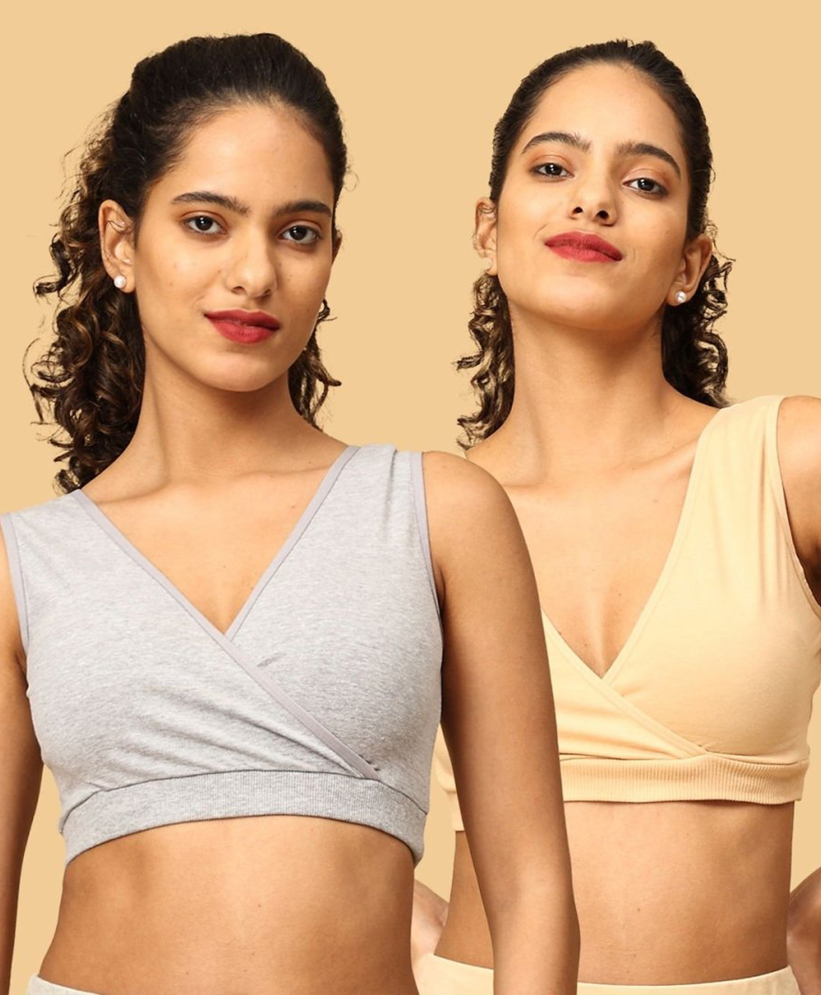 The Mom Store Cotton Knit Pack Of 2 Solid Maternity Nursing Sleep Bras - Grey & Beige-picture-35