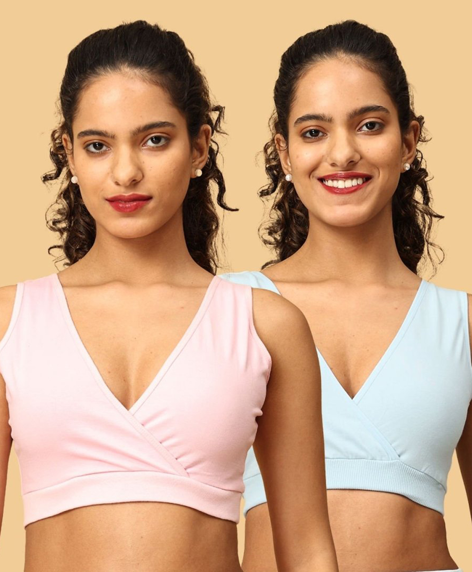 The Mom Store Cotton Knit Pack Of 2 Solid Maternity Nursing Sleep Bras - Blue & Pink-picture-25