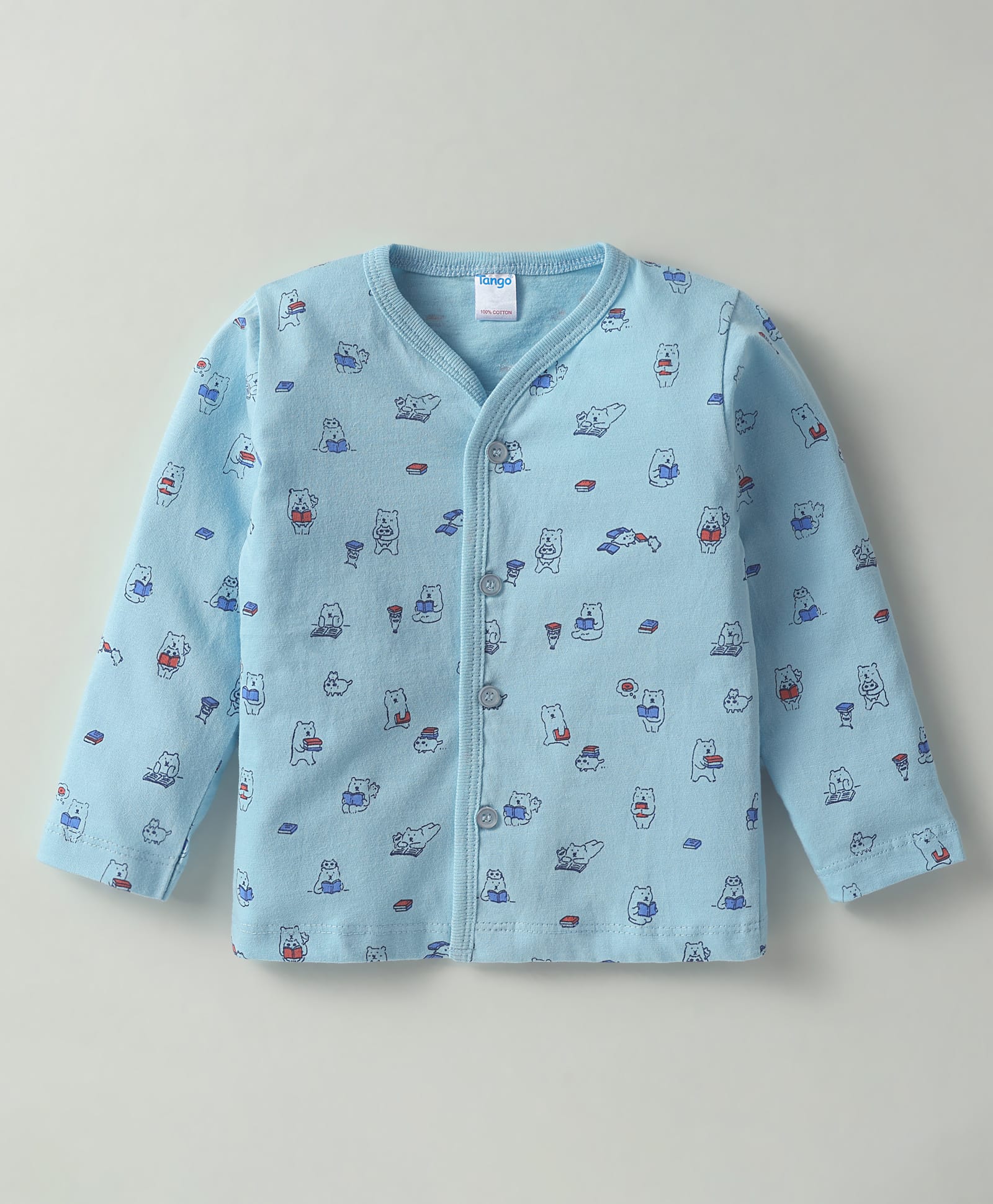 Tango Single Jersey Knit Full Sleeves Front Open Jhabla With Teddy Print - Light Blue-image-38