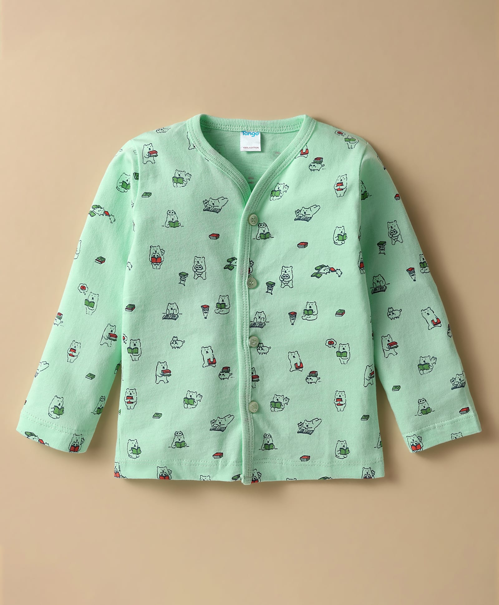 Tango Single Jersey Knit Full Sleeves Front Open Jhabla With Teddy Print - Light Green-image-46