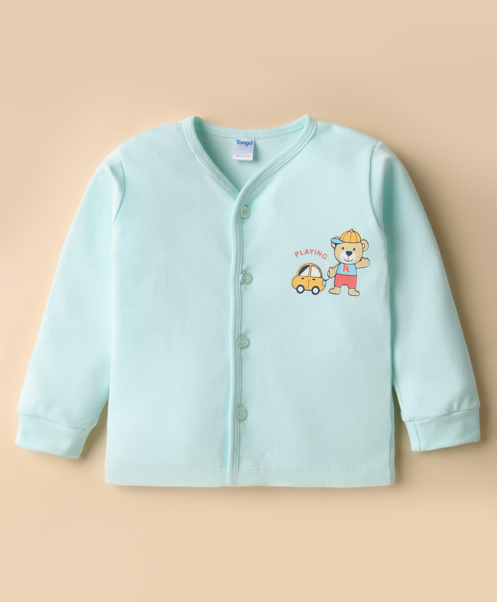 Tango Interlock Knit Full Sleeves Jhabla With Teddy Bear Print - Aqua Blue-image-30