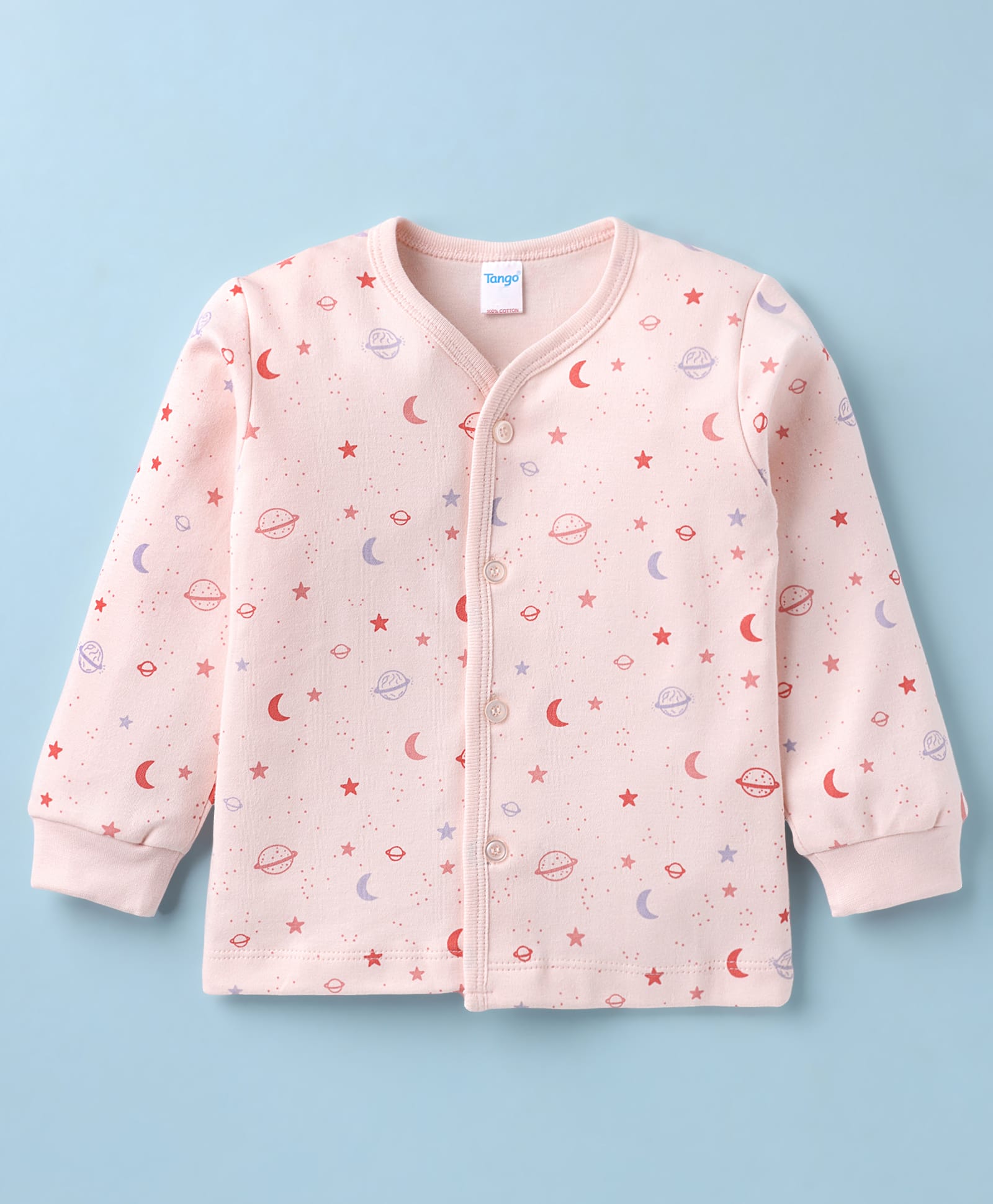 Tango Interlock Knit Full Sleeves Jhabla With Space Theme Print - Peach-picture-25