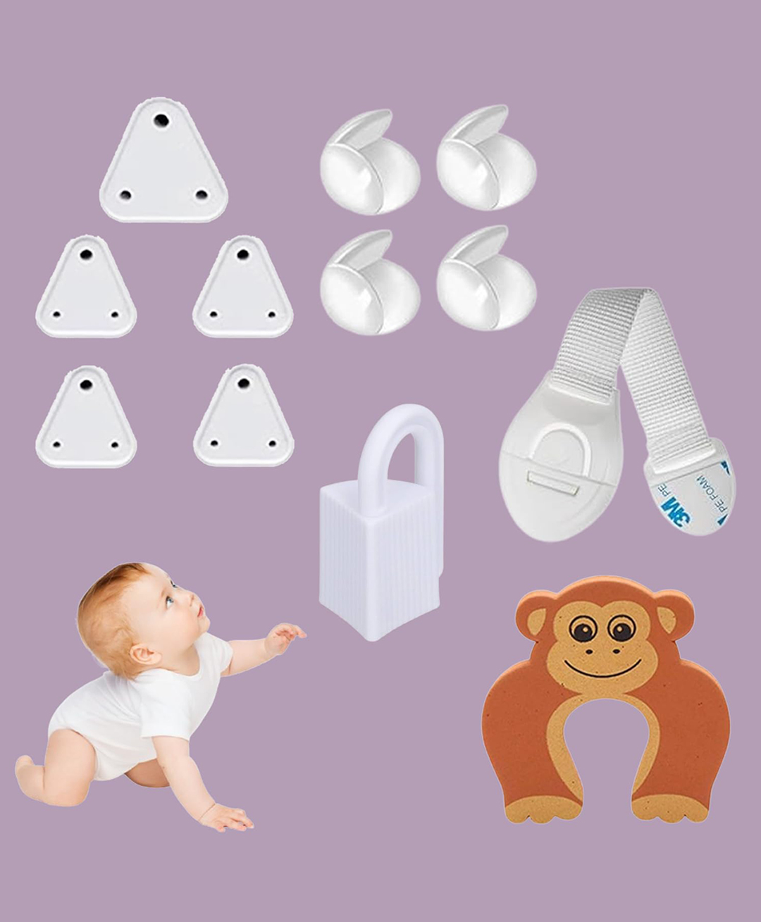 Safe-O-Kid Room Safety Combo 12-Piece Baby Proofing Kit with 1 Hinge Lock, 4 Ball Shaped Corner Guards, 5 Socket Covers, 1 Monkey Shaped Door Stopper &1 Nylon Lock-image-3