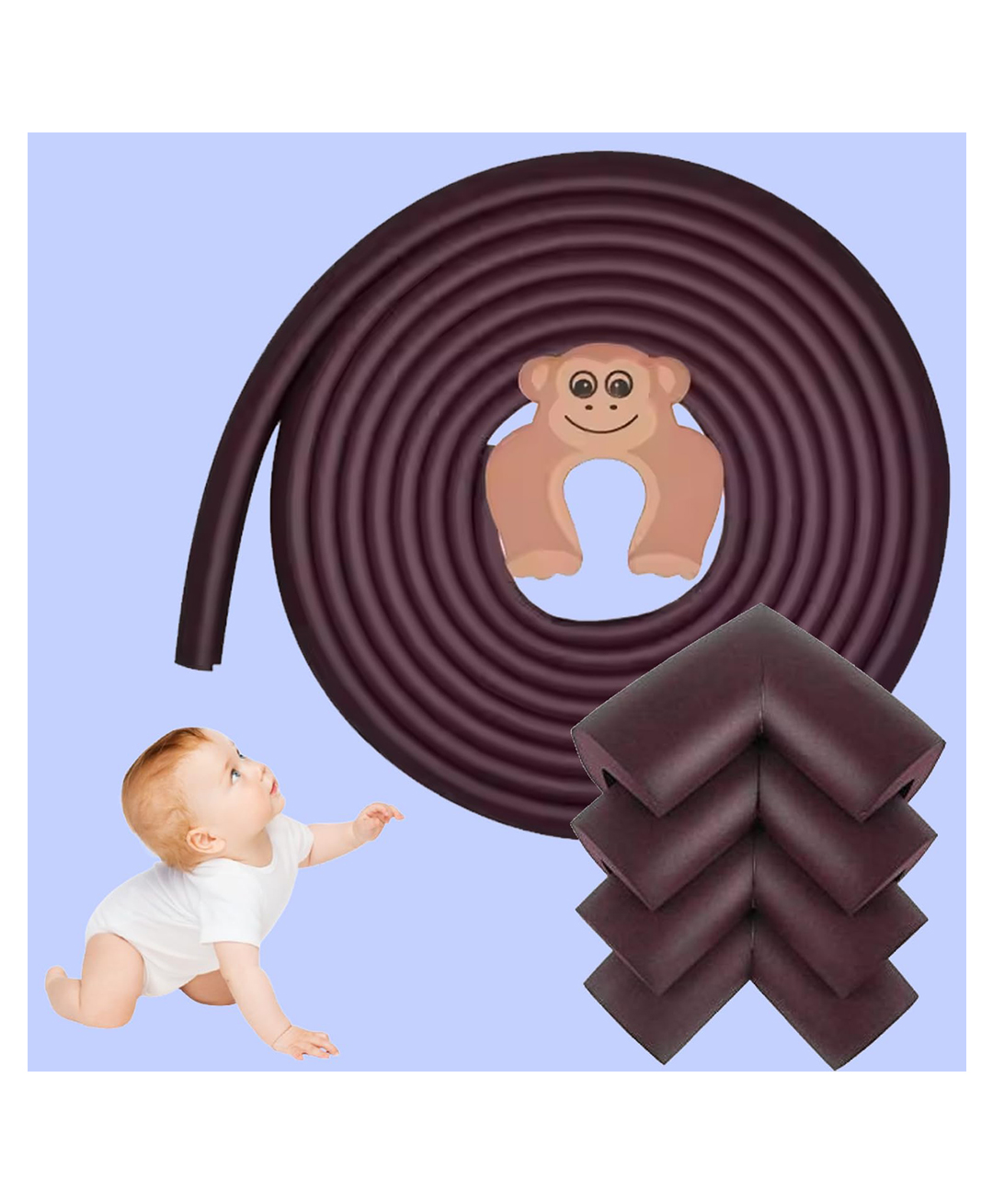 Safe-O-Kid Complete Baby Safety Combo 1 Edge Guard, 2 Meters + 1 Monkey Door Stopper + 4 Corner Guards- Assorted-image-38