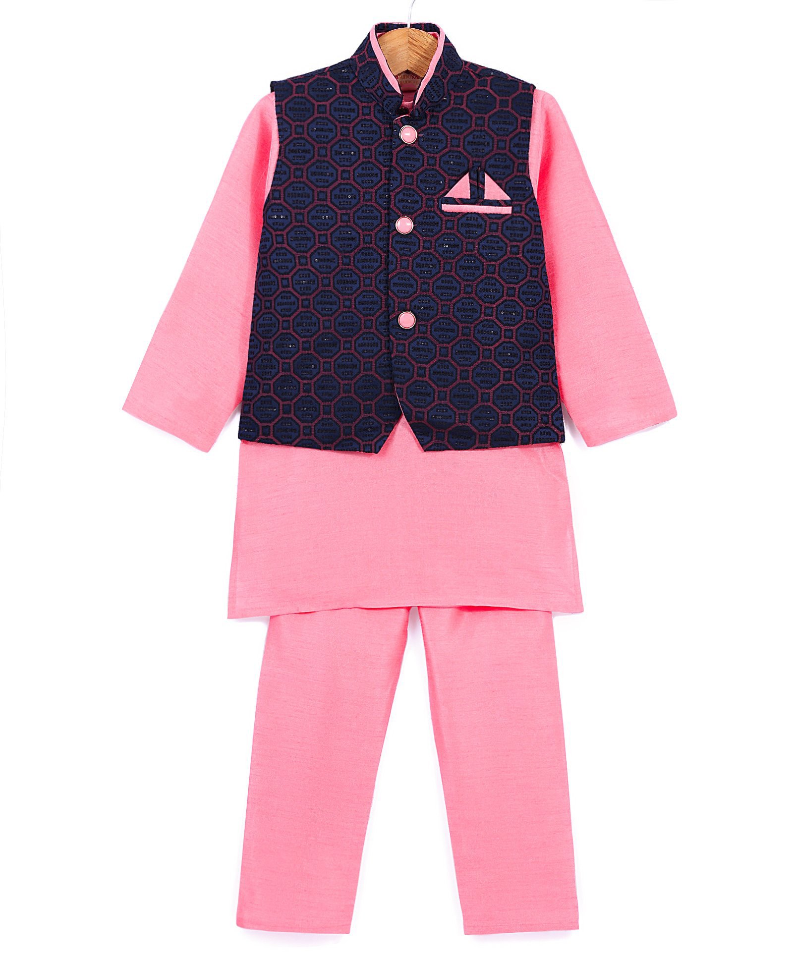 Ridokidz Full Sleeves Solid Kurta & Pyjama With Abstract Embroidered Jacket Set - Peach & Navy Blue-picture-11