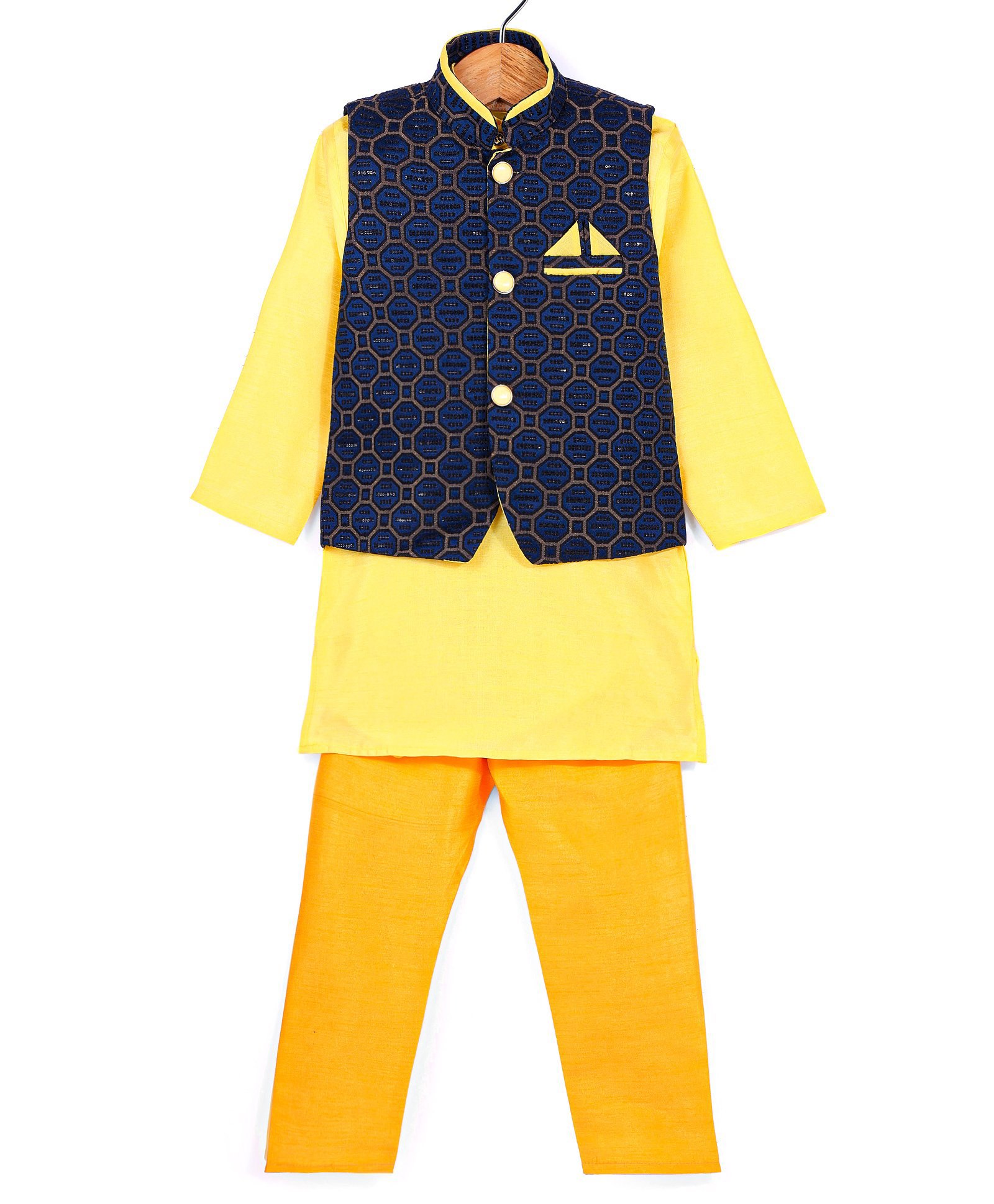 Ridokidz Full Sleeves Solid Kurta & Pyjama With Abstract Embroidered Jacket Set - Yellow & Navy Blue-image-4