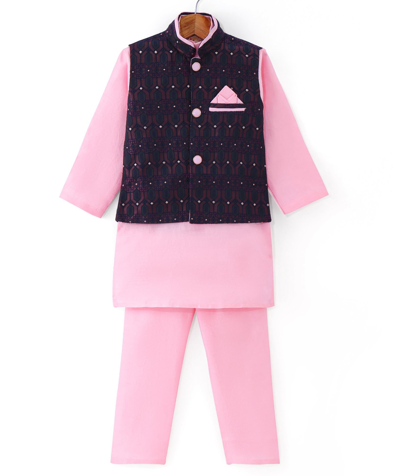 Ridokidz Full Sleeves Solid Kurta & Pyjama With Ethnic Motif Embroidered Jacket Set - Light Pink-image-44