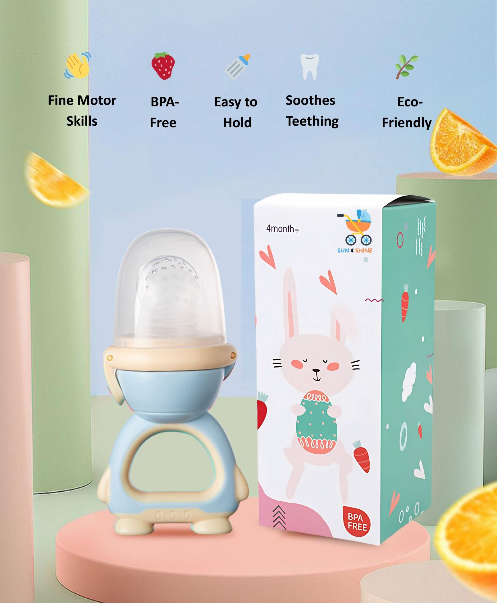 Sun & Shine Chewberry Baby Fruit Feeder / Pacifier With Cap | BPA-Free, Soft & Premium Silicone Teether for Baby, Infants & Toddlers - 6 To 12 Months - Blue-picture-1