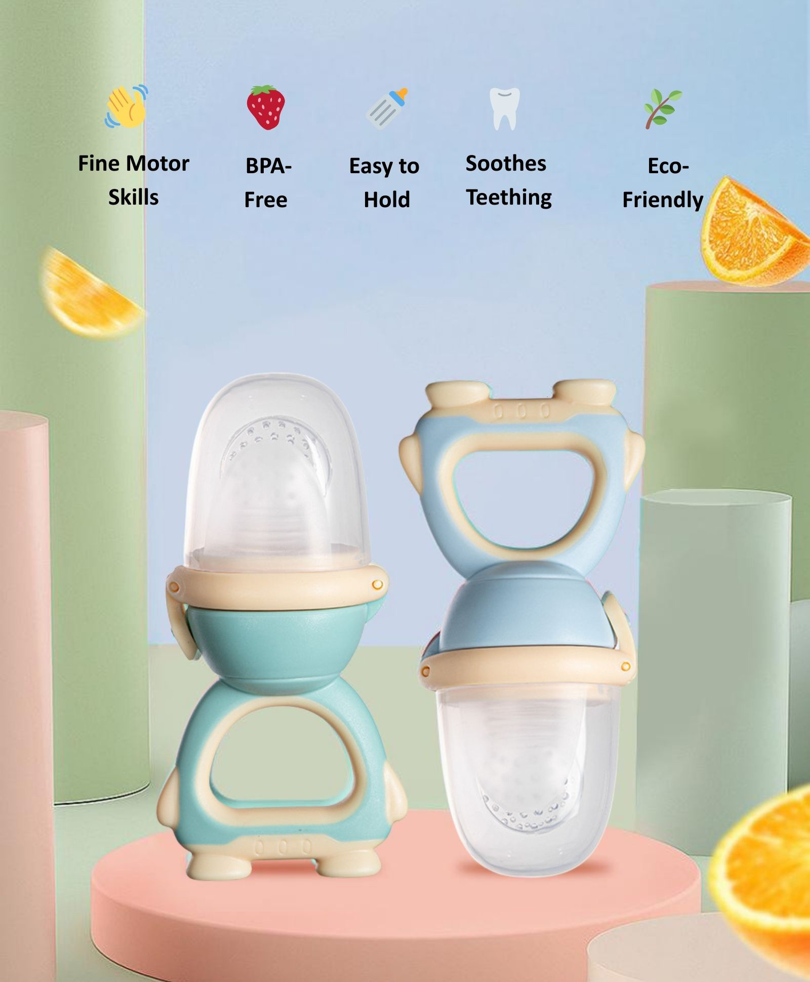 Sun & Shine Chewberry Baby Fruit Feeder / Pacifier With Cap | BPA-Free, Soft & Premium Silicone Teether for Baby, Infants & Toddlers - 6 To 12 Months - Green+Blue-picture-10