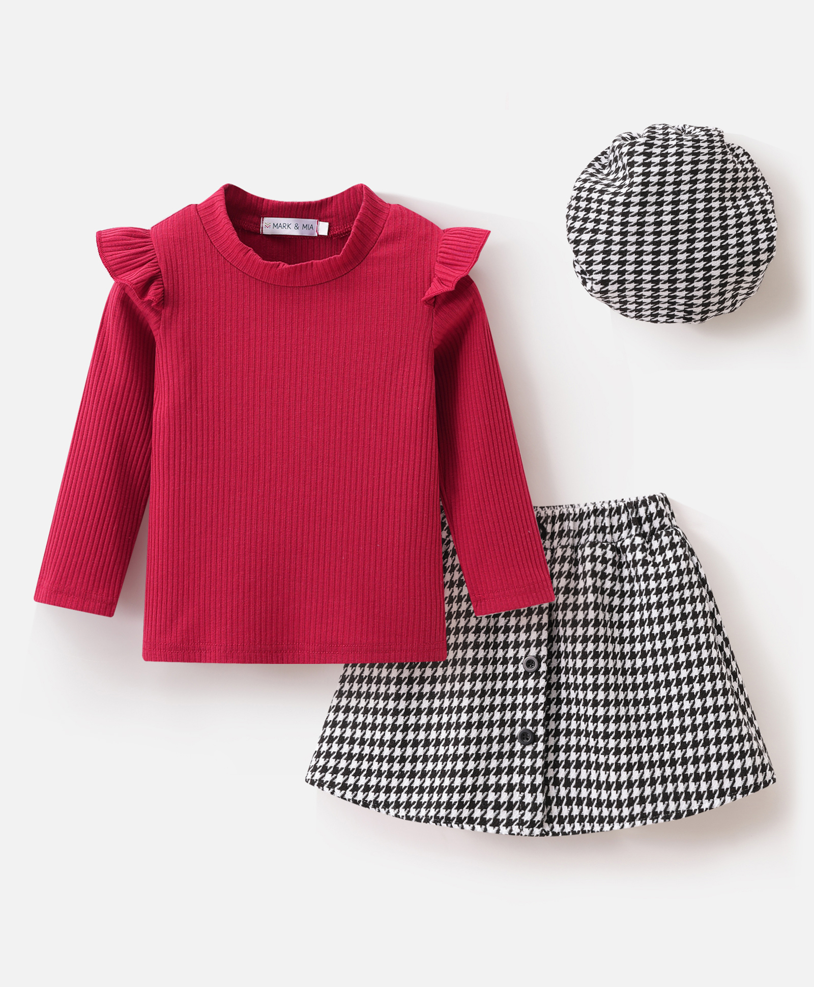 Mark & Mia Cotton Full Sleeves Top & Skirt Set With Checks - Maroon & Black-picture-23