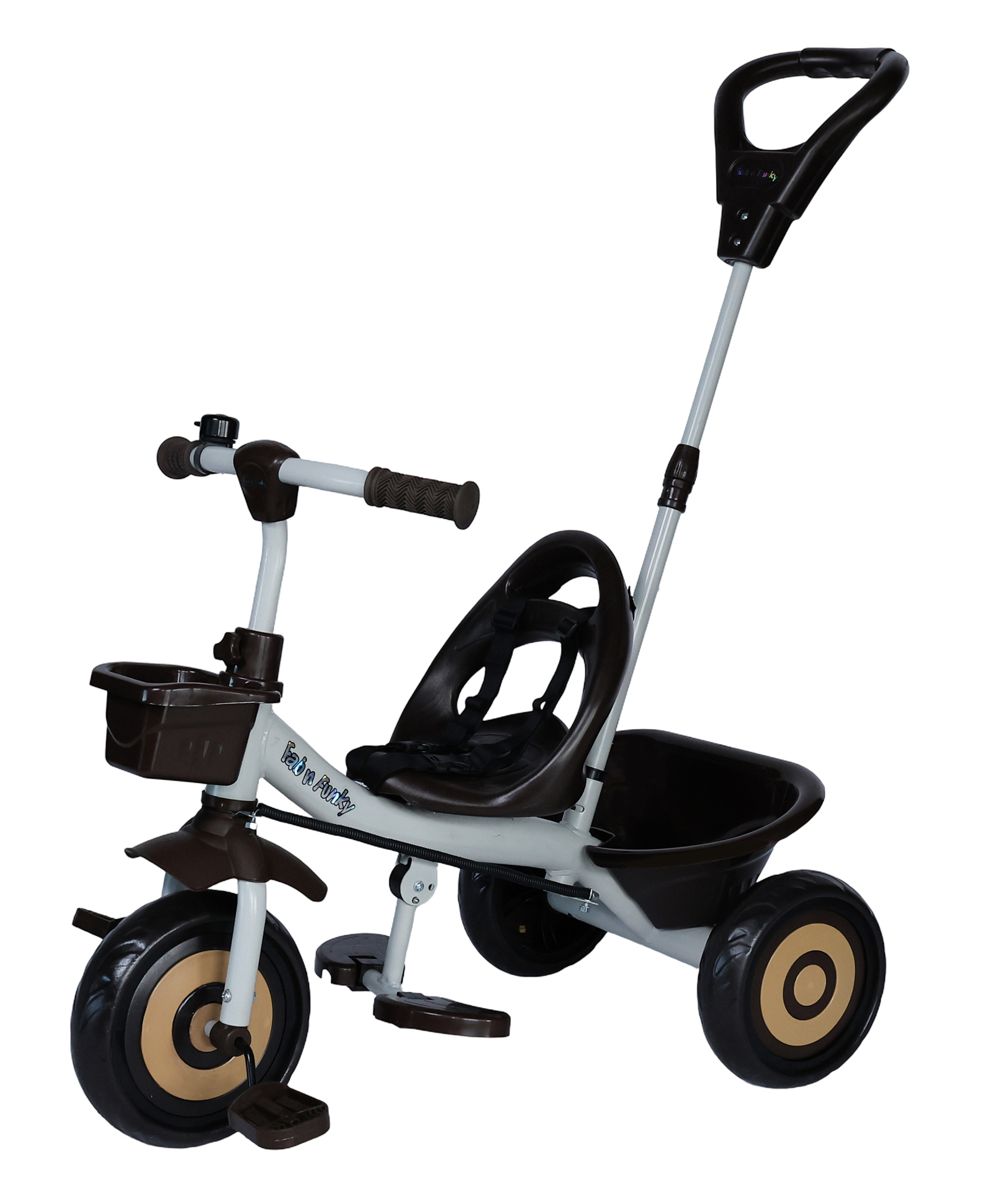 fab n funky Kids Tricycle With Parental Push Handle - White| Sturdy Frame| Foldable Footrest| Safety Harness| Comfortable Seat| Puncture Proof Wheels-picture-23