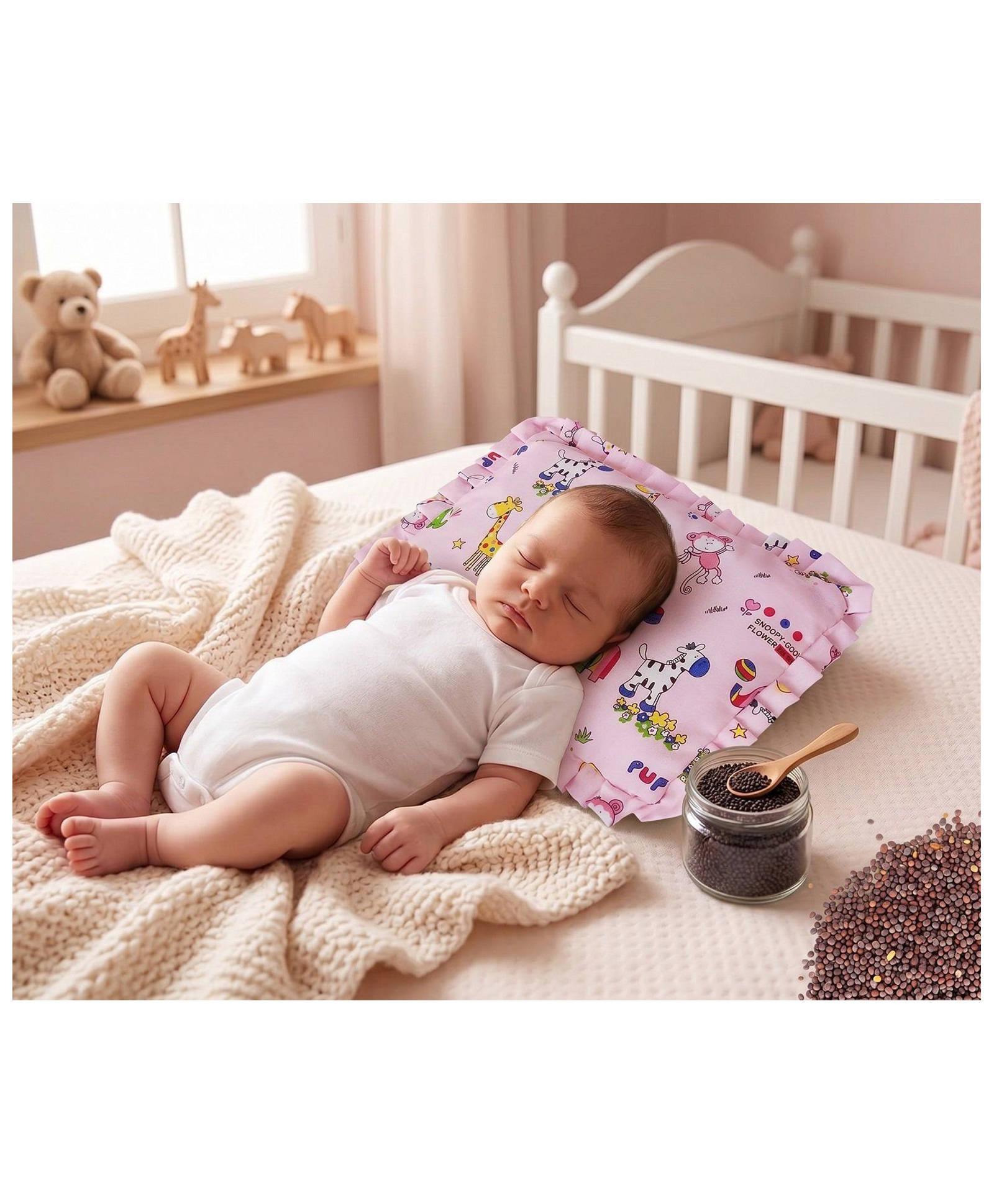 Ortis Cotton Head Shaping Mustard Seed Rai, Head Shaping Baby Pillow Jungle Print - Pink-picture-33