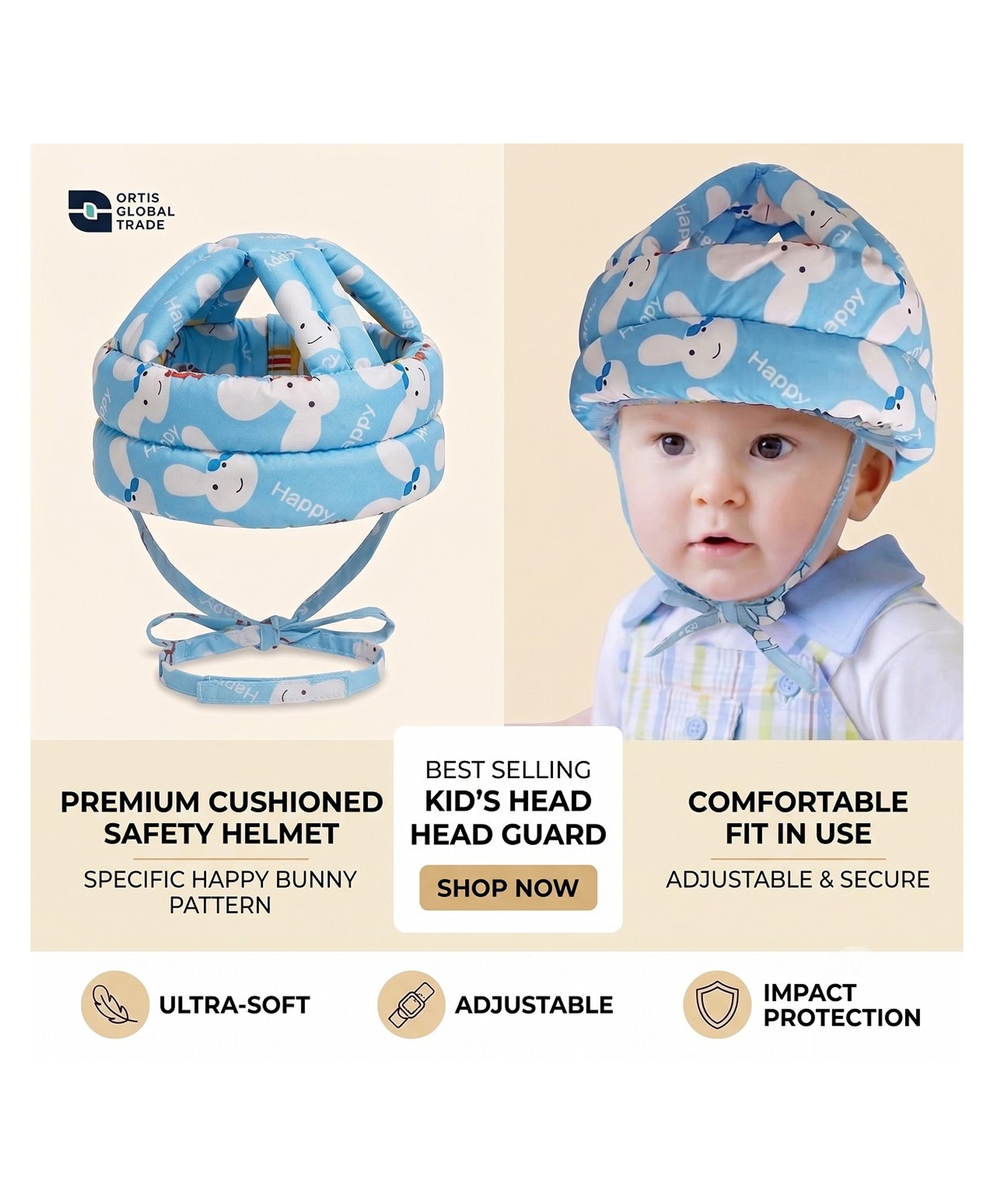 ORTIS Adjustable Cushioned Baby Safety Helmet Blue(Print May Vary)-image-14