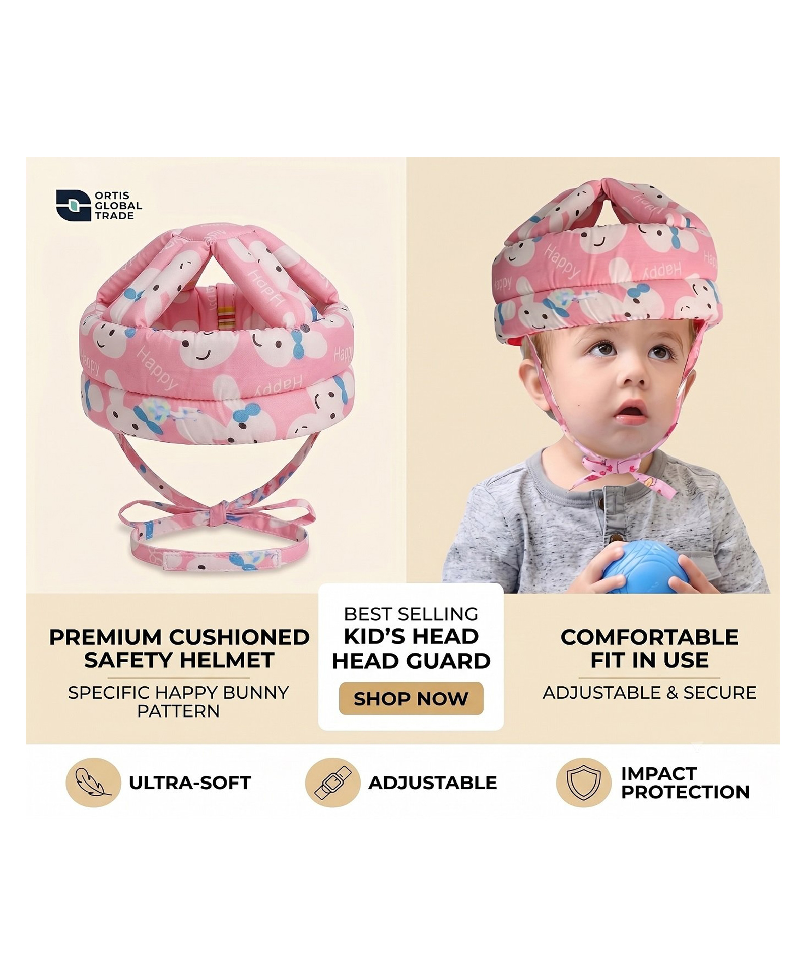 ORTIS Adjustable Cushioned Baby Safety Helmet- Pink (Print May Vary)-picture-13