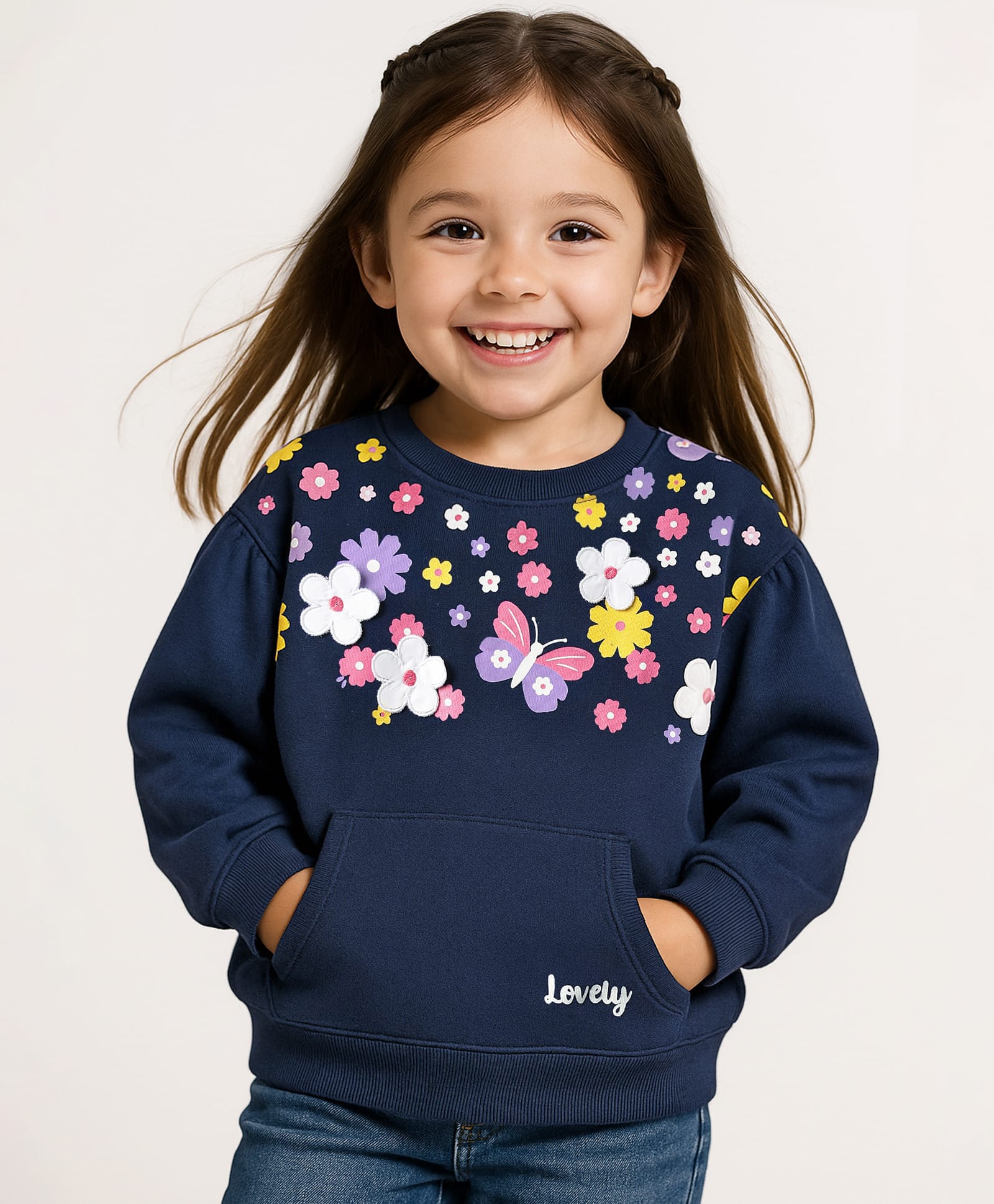 Babyhug Fleece Knit Full Sleeves Floral Applique & Butterfly Printed Sweatshirt - Navy Blue-image-23