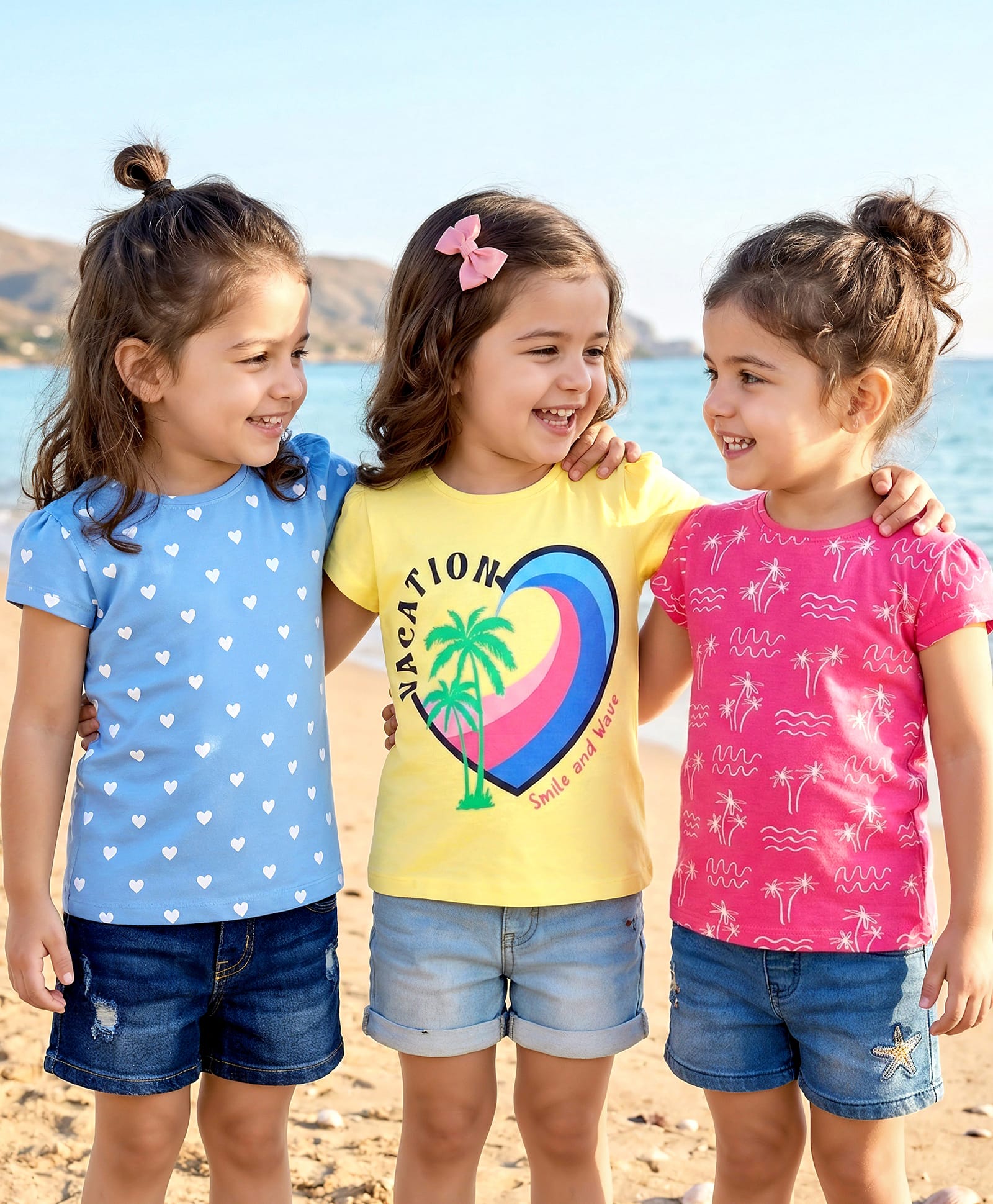Babyhug 100% Cotton Knit Half Sleeves T-Shirts with Heart & Beach Theme Print Pack of 3 - Yellow Dark Pink & Blue-image-42