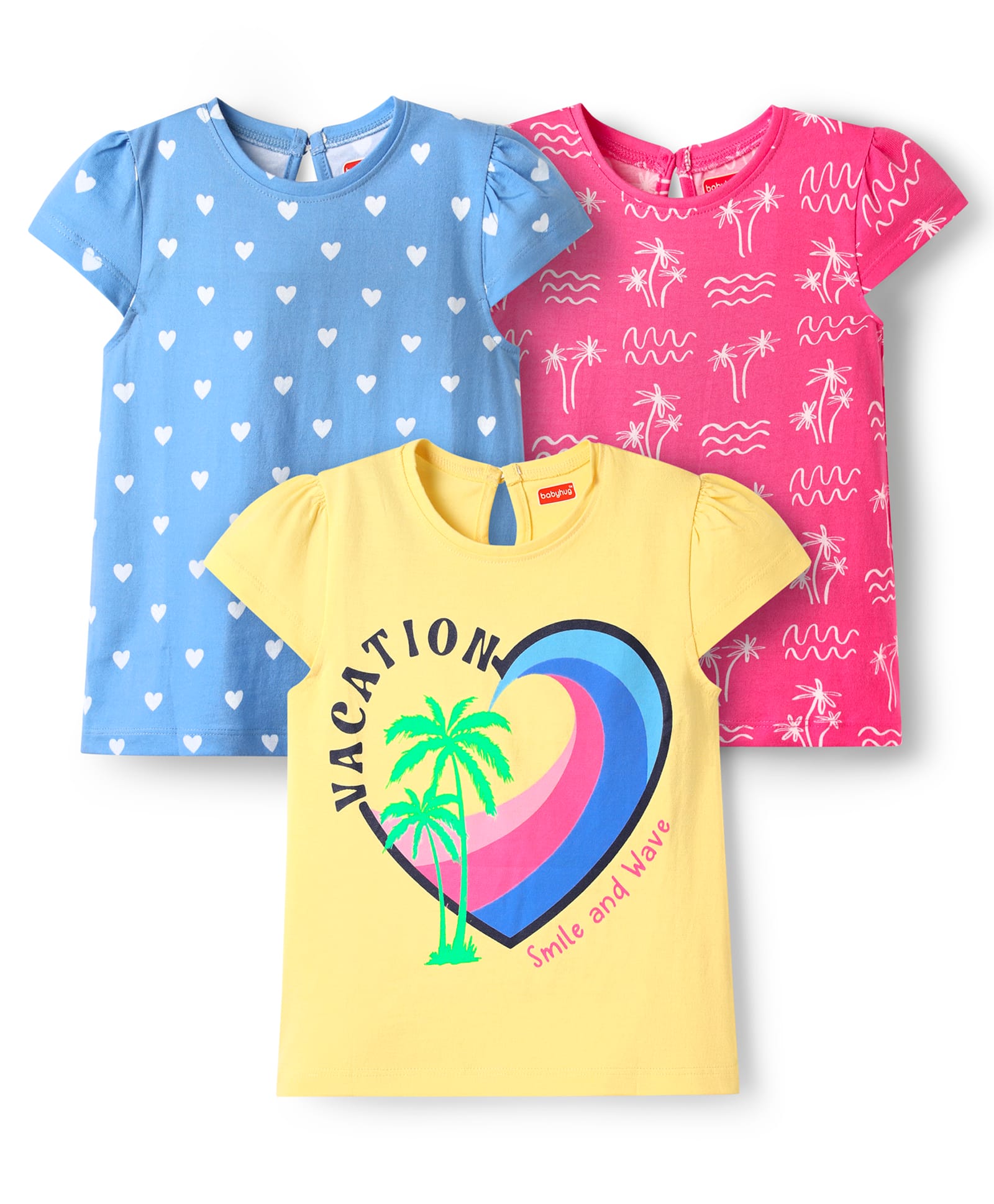 Babyhug 100% Cotton Knit Half Sleeves T-Shirts with Heart & Beach Theme Print Pack of 3 - Yellow Dark Pink & Blue-picture-10