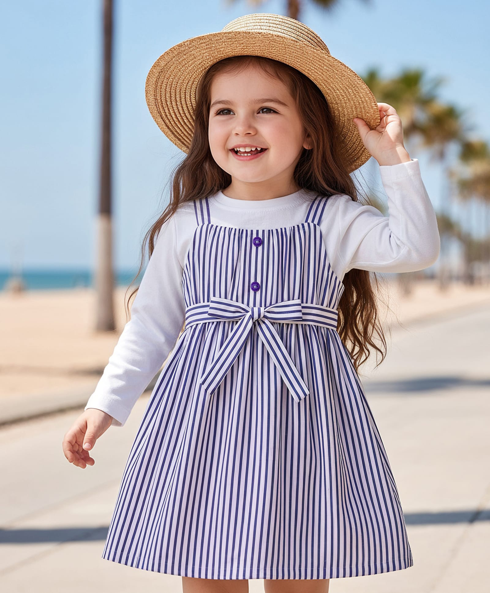 Babyhug Cotton Woven Striped Frock & Full Sleeves Inner Tee With Belt - Purple & White-image-41