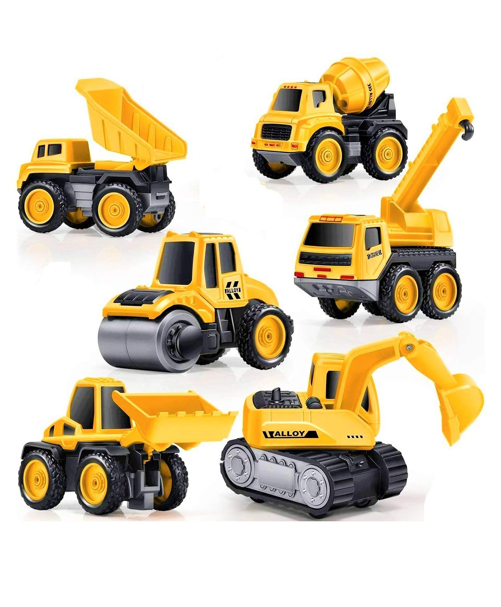 ADKD Die Cast Pull Back Construction Metal Vehicle Pack of 6 -Yellow-picture-14