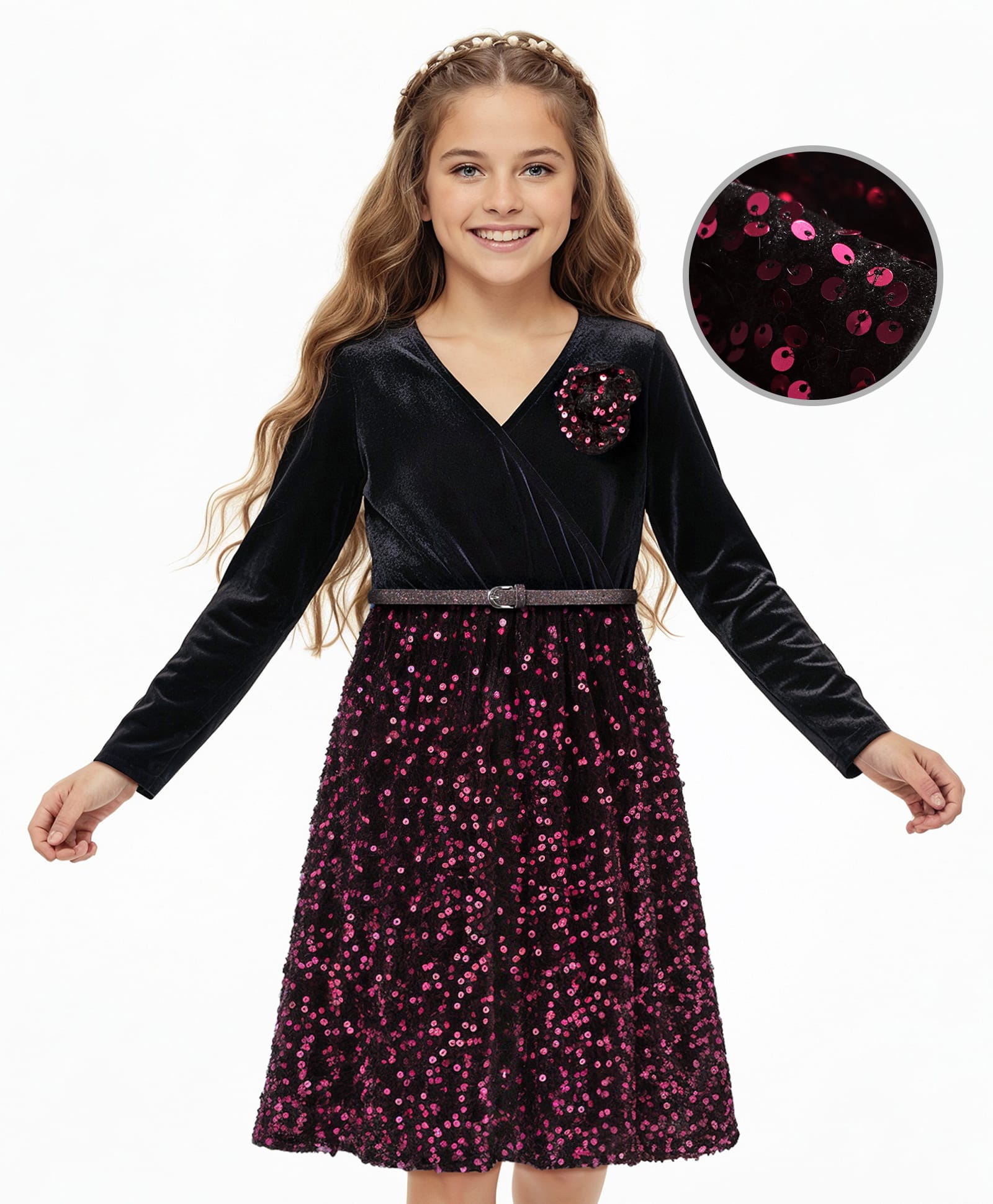 Hola Bonita Knit Full Sleeves Velvet Sequin Party Dress With Belt- Pink-image-34