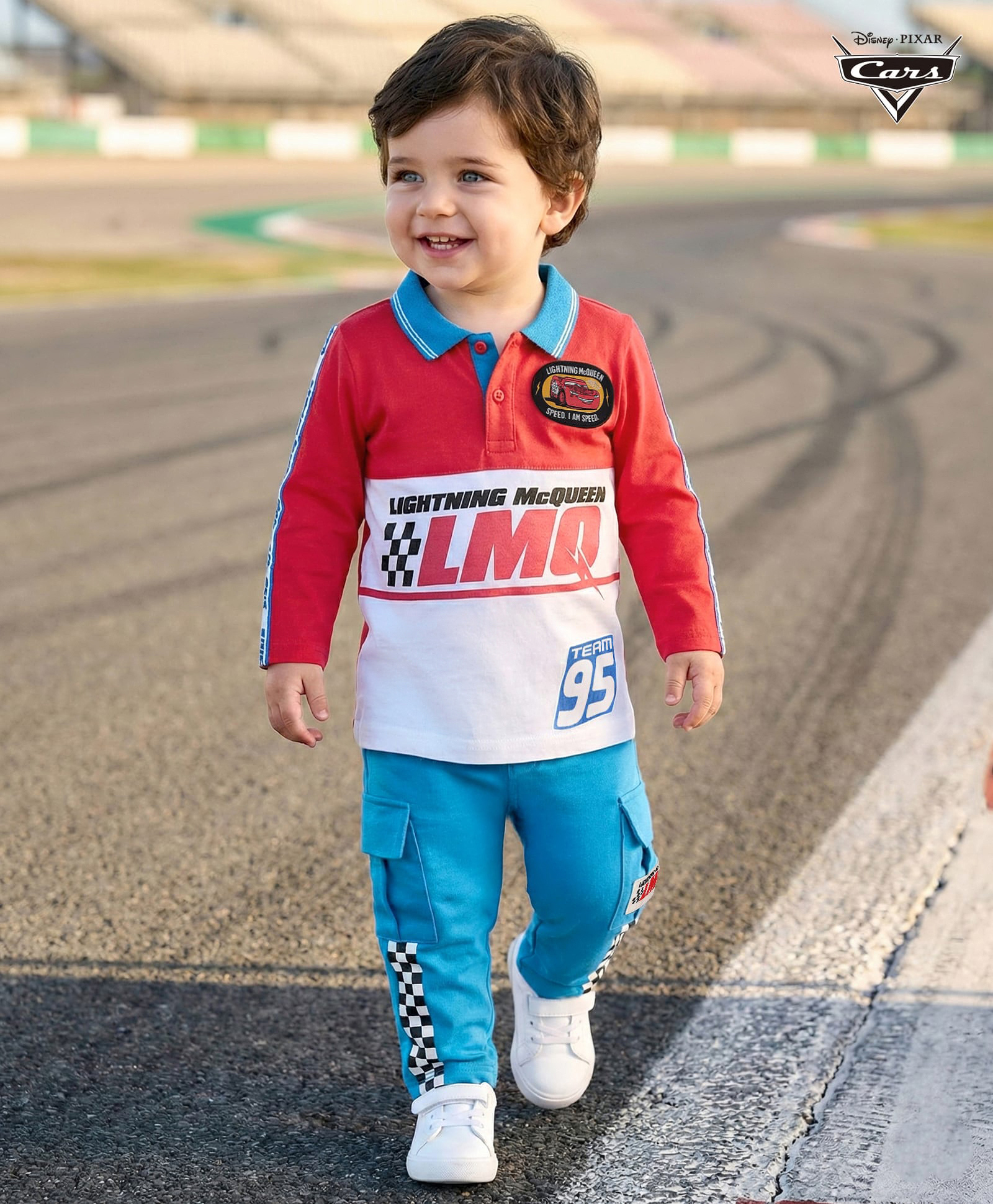 Babyhug Disney Single Jersey Knit Full Sleeves Cut and Sew Polo T-Shirt & Lounge Pants Set with Cars Graphic - Red & Blue-picture-18
