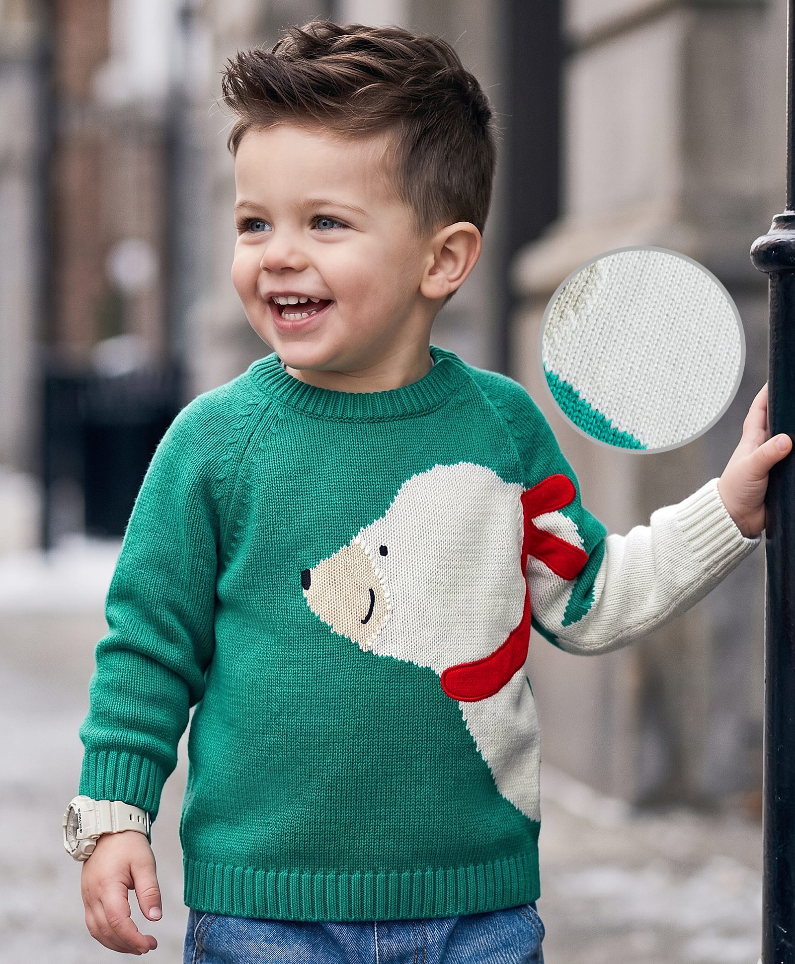 Babyoye Cotton Knit Full Raglan Sleeves Pullover Sweater with Polar Bear Design - Green-image-29