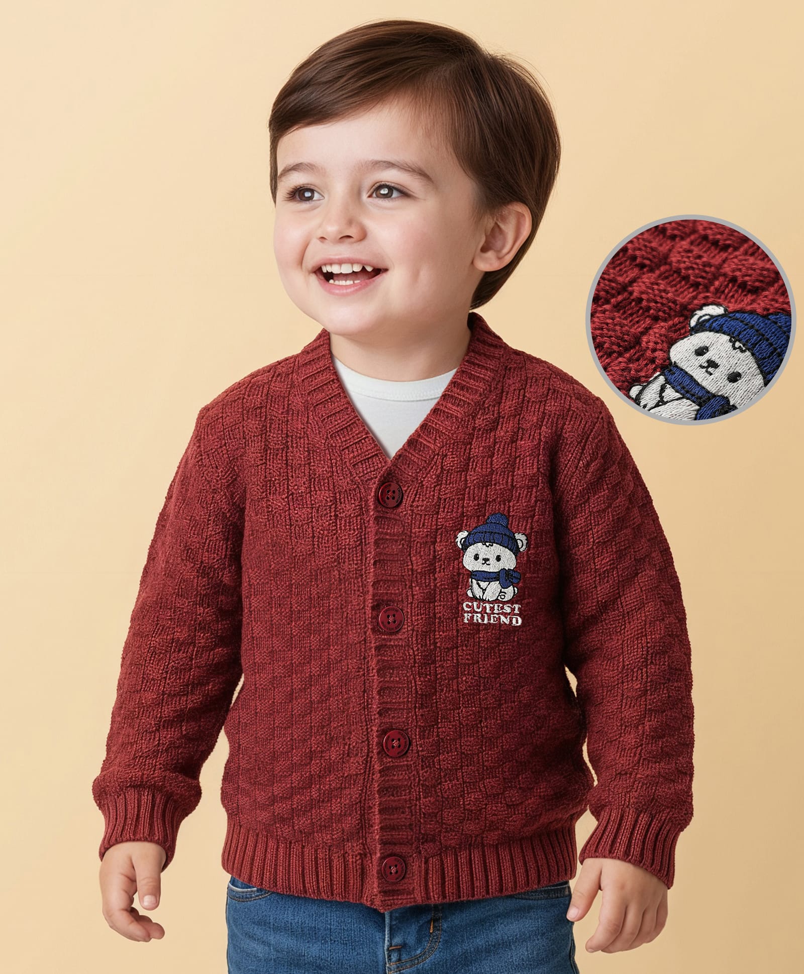 Babyoye Cotton Knit Full Sleeves Front Open Sweater with Bear Design - Dark Red-image-44