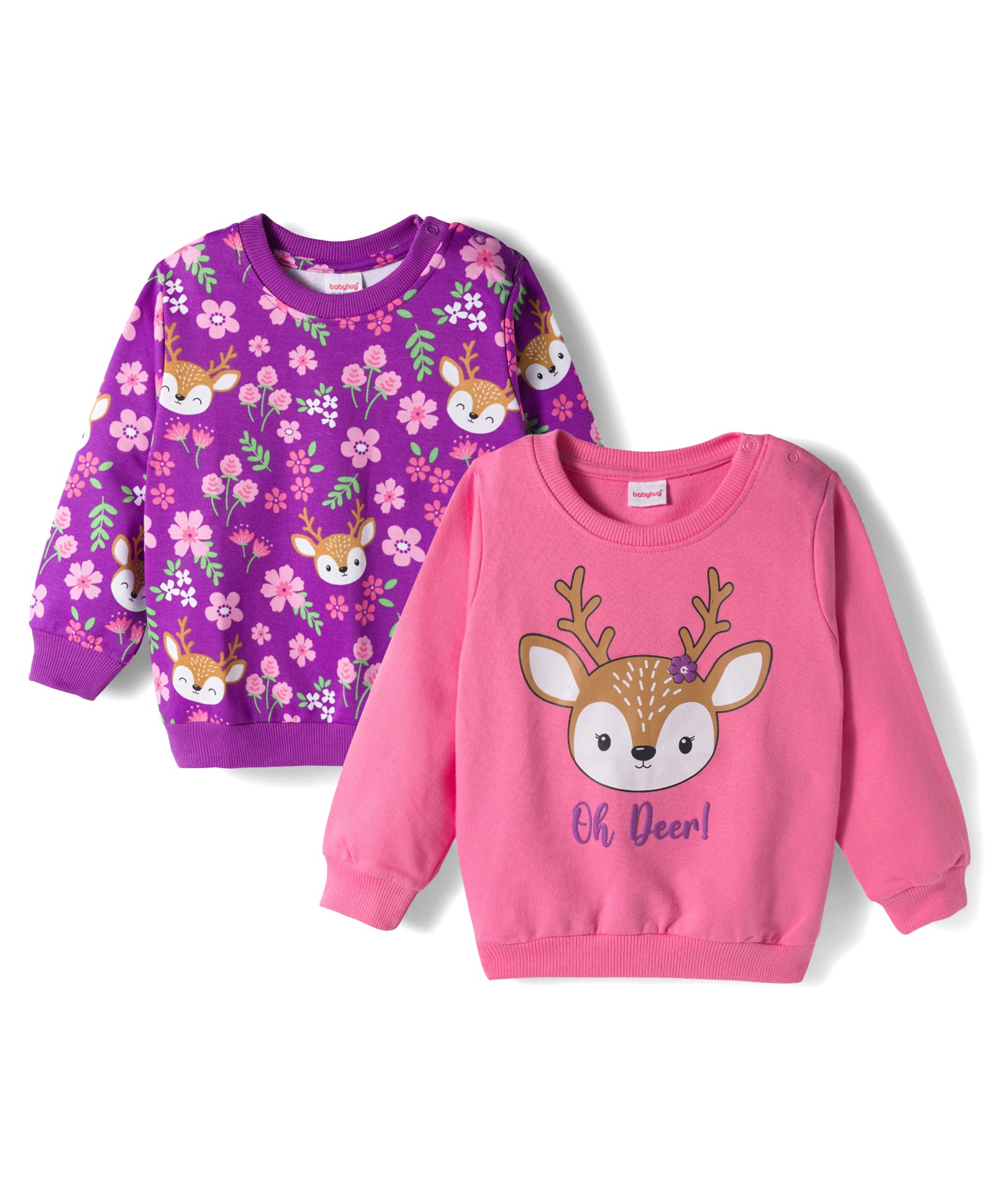 Babyhug Cotton Knit Full Sleeves Sweatshirts With Floral & Reindeer Print Pack of 2 - Pink & Purple-image-38