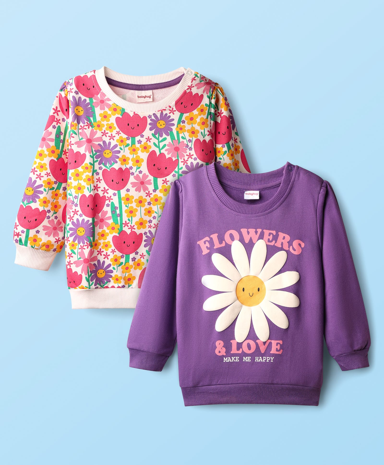 Babyhug Cotton Knit Full Sleeves Floral Printed Sweatshirts Pack of 2 - Purple & White